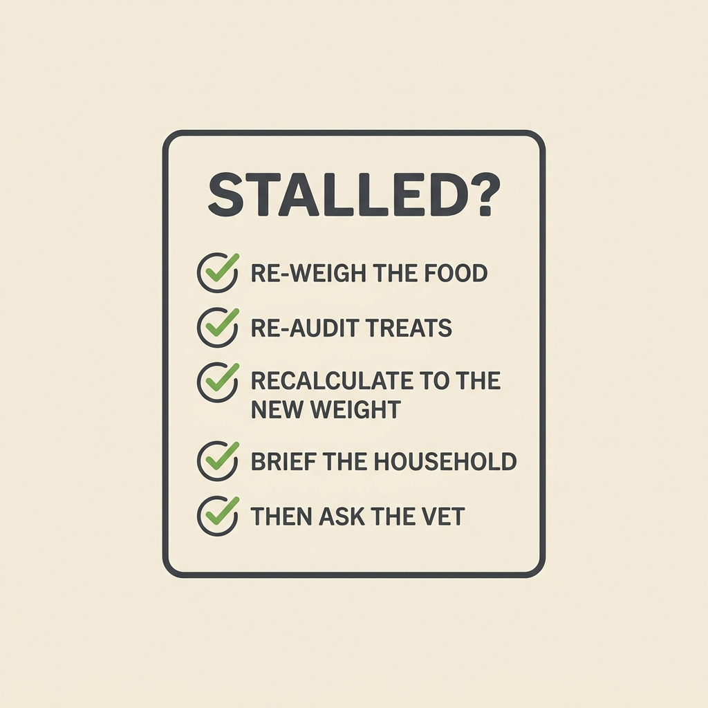 Flat vector checklist card reading “STALLED? RE-WEIGH THE FOOD · RE-AUDIT TREATS · RECALCULATE TO THE NEW WEIGHT · BRIEF THE HOUSEHOLD · THEN ASK THE VET”, leaf-green ticks on charcoal