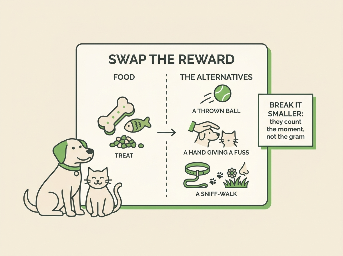 Flat vector "SWAP THE REWARD" card showing a food treat alongside a thrown ball, a fuss and a sniff-walk, with a small aside "BREAK IT SMALLER: they count the moment, not the gram".