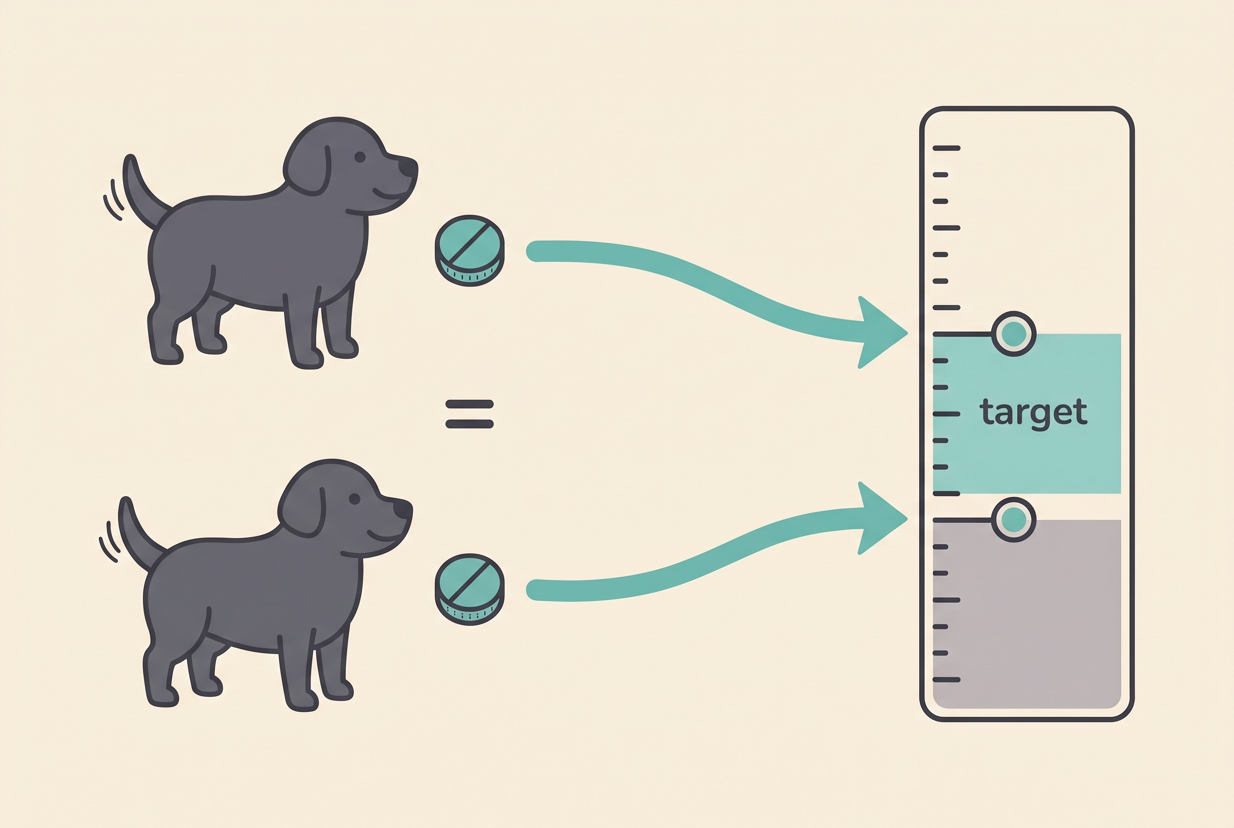 A diagram showing two dogs of the same weight given the same milligram dose of phenobarbital, with arrows leading to two different blood-level readings on a vertical gauge, one landing in the green target band and one falling below it