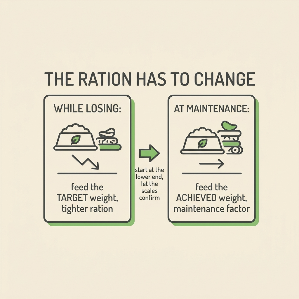 A two-state compare card titled THE RATION HAS TO CHANGE, with a while-losing panel feeding the target weight on a tighter ration, an arrow, and an at-maintenance panel feeding the achieved weight on a maintenance factor.