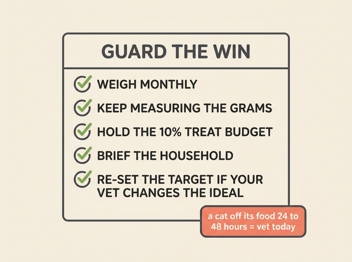 A maintenance-habits checklist card reading weigh monthly, keep the grams, hold the 10 percent treat budget, brief the household, reset if the vet does, with a small coral safety note about a cat off its food.