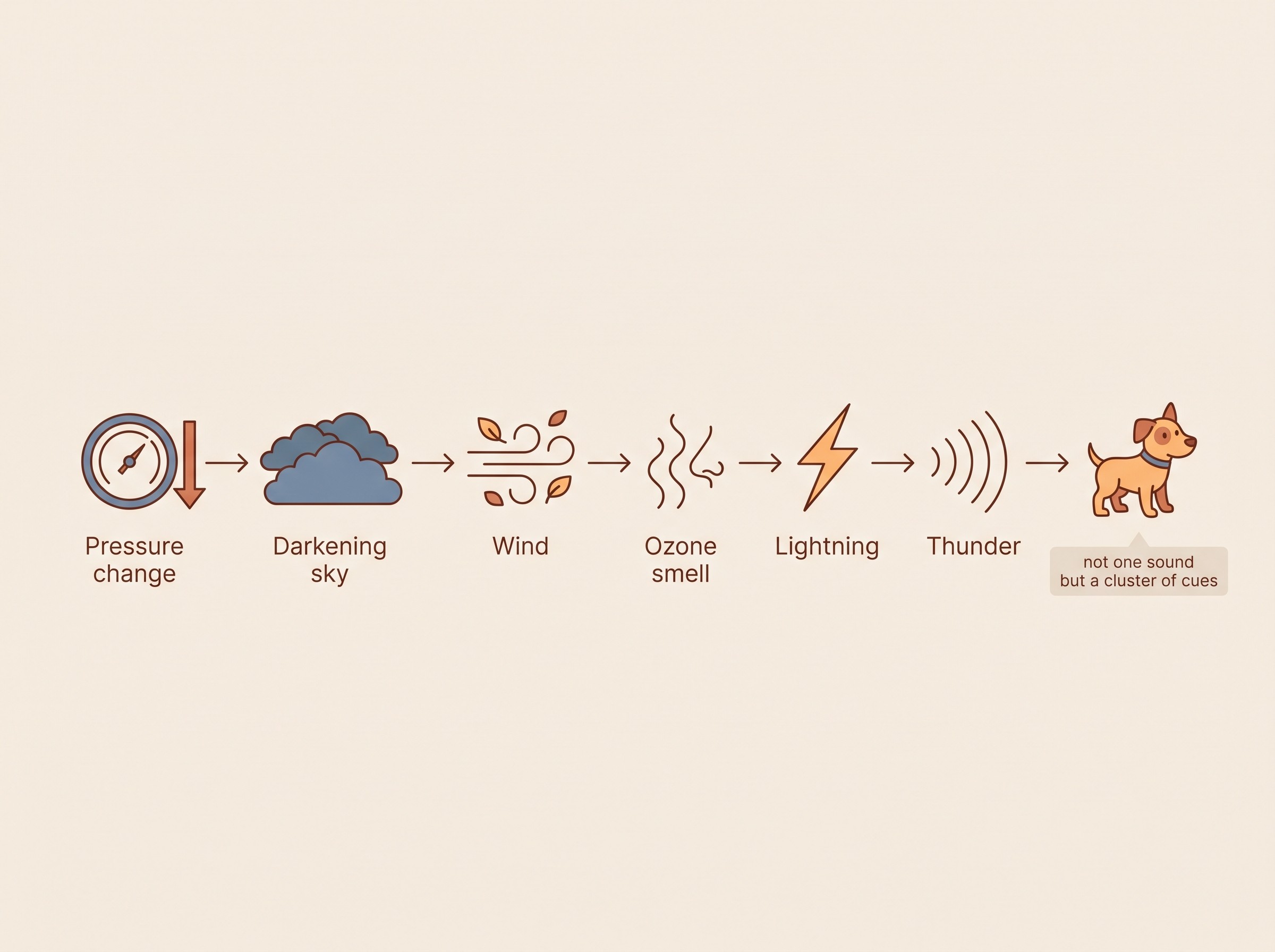 A simple labelled diagram of the storm cue cluster: pressure change, darkening sky, wind, ozone smell, lightning, then thunder, shown as a sequence building to a frightened dog.
