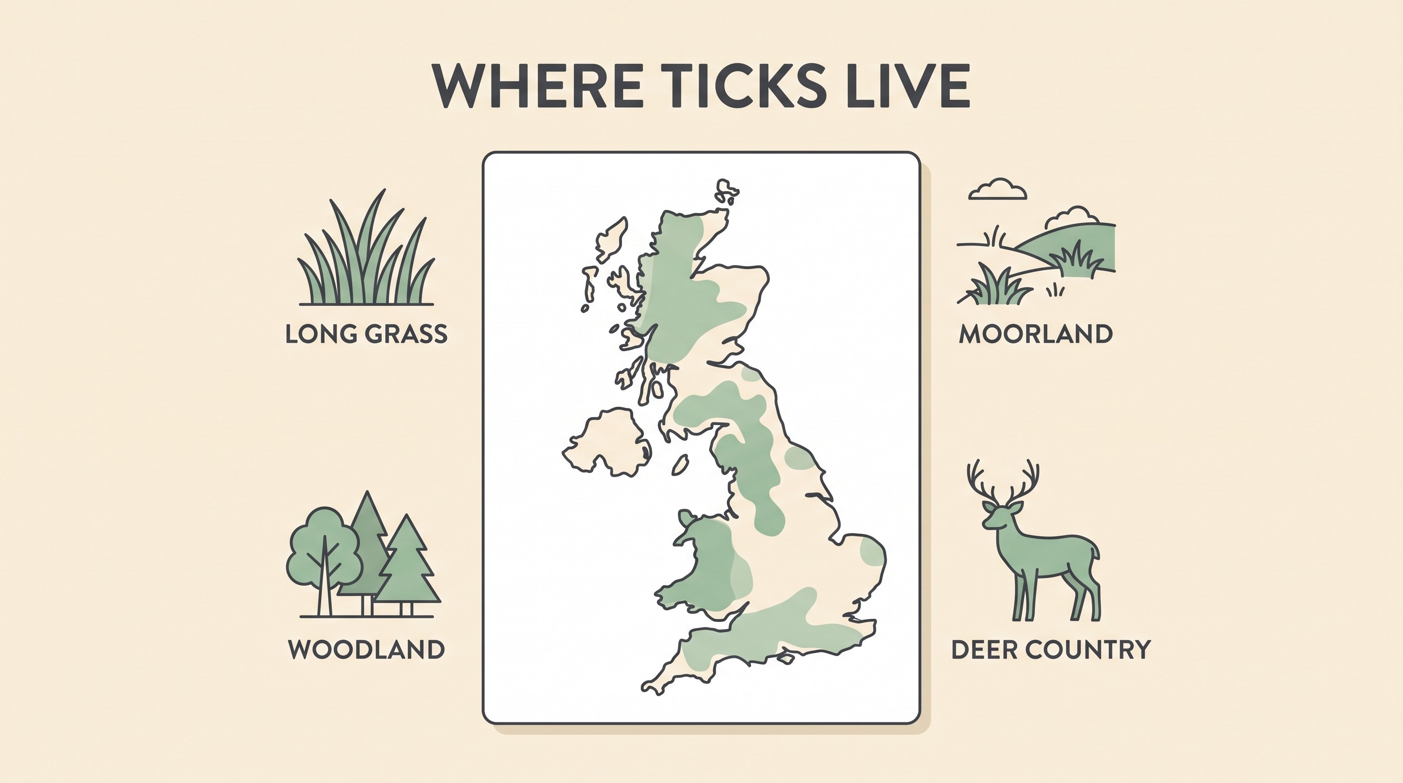 A UK map card with softly shaded higher-risk tick areas such as moorland, woodland and grassland, flat vector on warm cream with a sage-green accent.