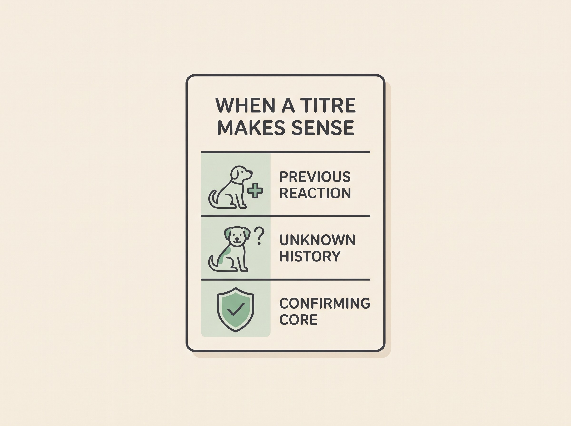 A checklist card headed WHEN A TITRE MAKES SENSE with three rows: previous vaccine reaction, unknown-history rescue, confirming core immunity before a triennial dose