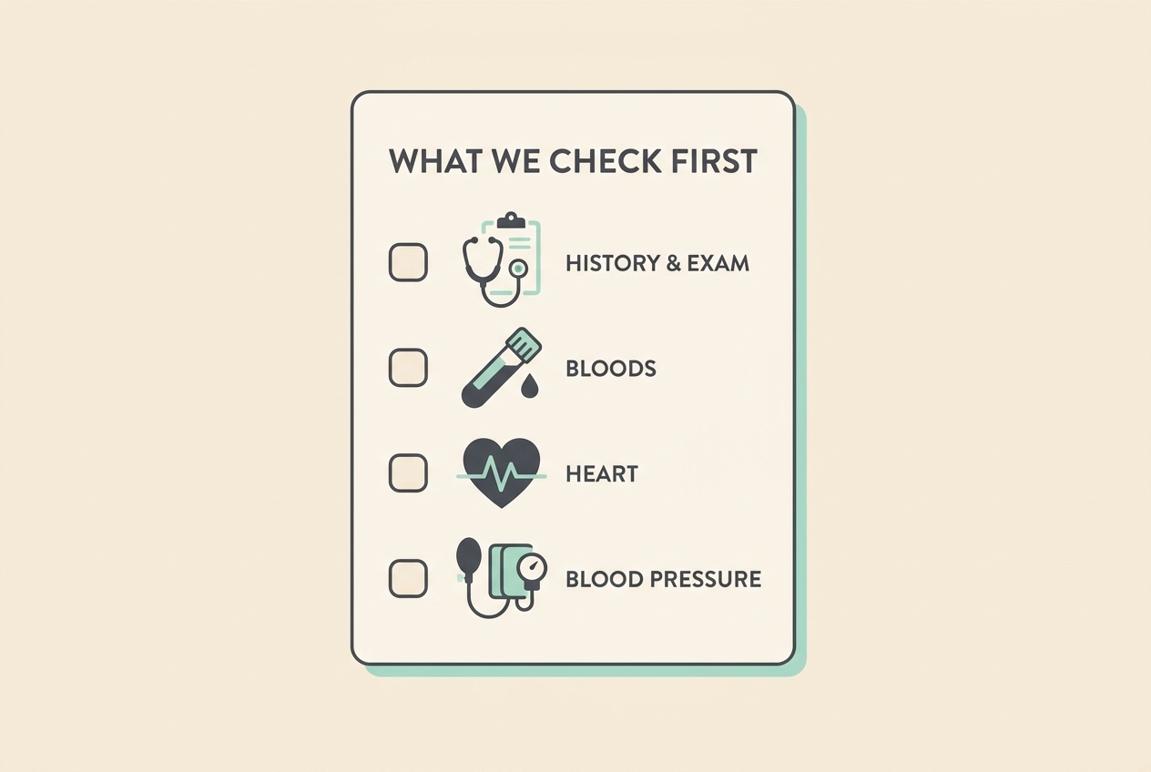 A flat illustrated checklist card headed "WHAT WE CHECK FIRST" with four icons and labels: history and exam, bloods, heart, blood pressure.