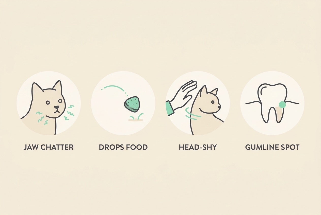A row of four simple flat icons on cream with mint accents, labelled "JAW CHATTER", "DROPS FOOD", "HEAD-SHY" and "GUMLINE SPOT".