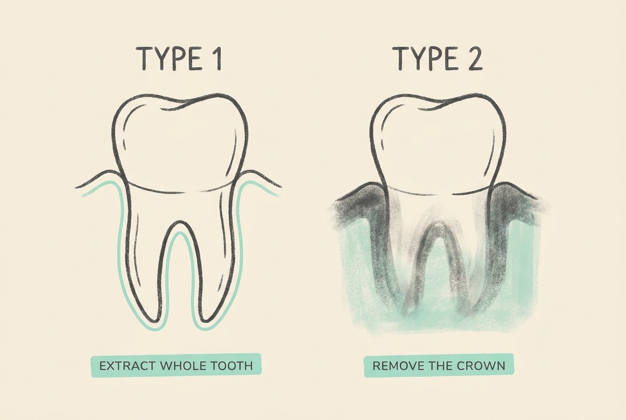 A side-by-side line diagram of two teeth on cream. On the left, "TYPE 1" shows an intact root with a visible ligament line, labelled "EXTRACT WHOLE TOOTH". On the right, "TYPE 2" shows a faded root merging into the jawbone, labelled "REMOVE THE CROWN". Soft charcoal linework with mint accents.