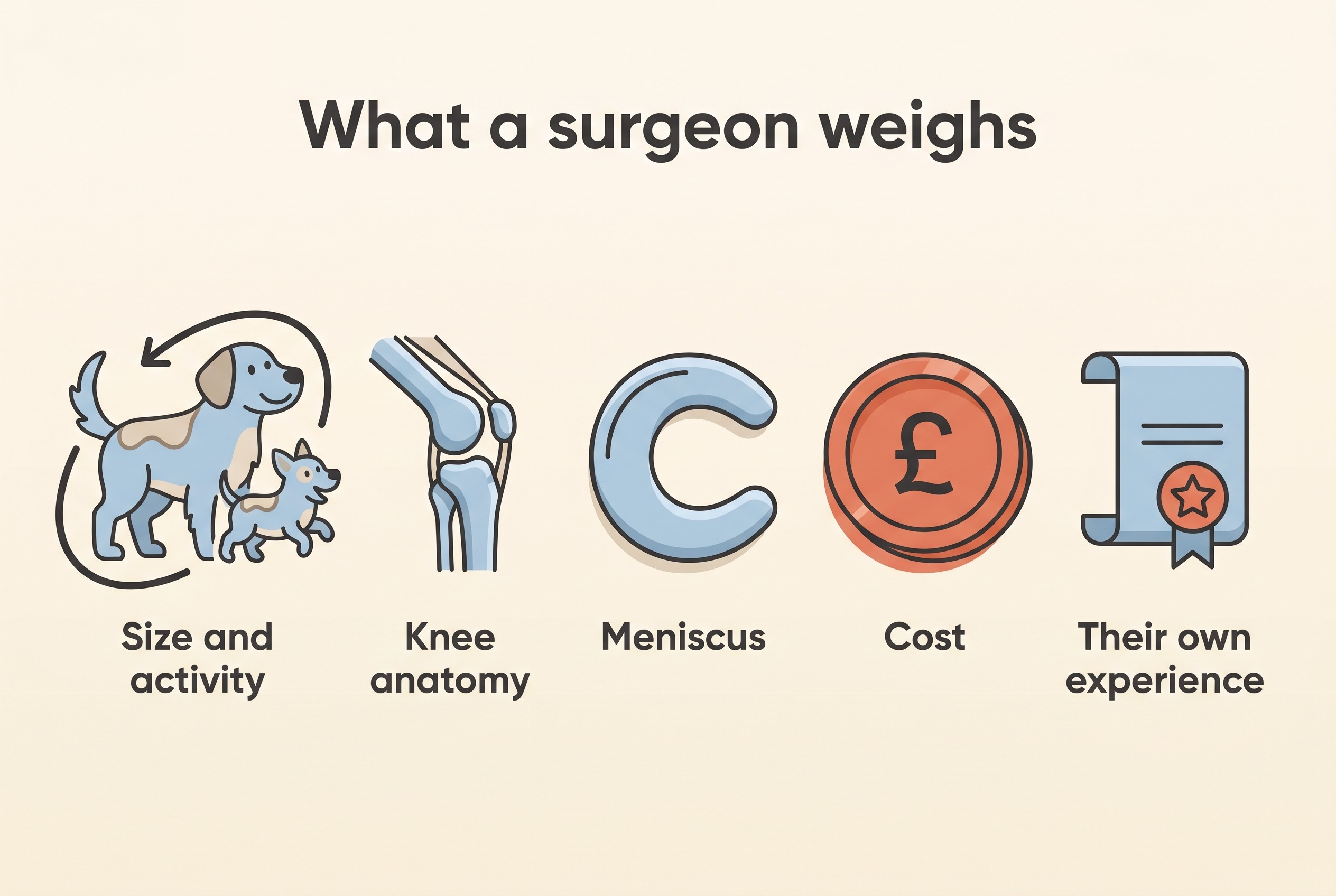 A flat-vector factors card on cream titled "What a surgeon weighs", with five labelled line-icons reading "Size and activity", "Knee anatomy", "Meniscus", "Cost" and "Their own experience", in soft charcoal with a single coral accent