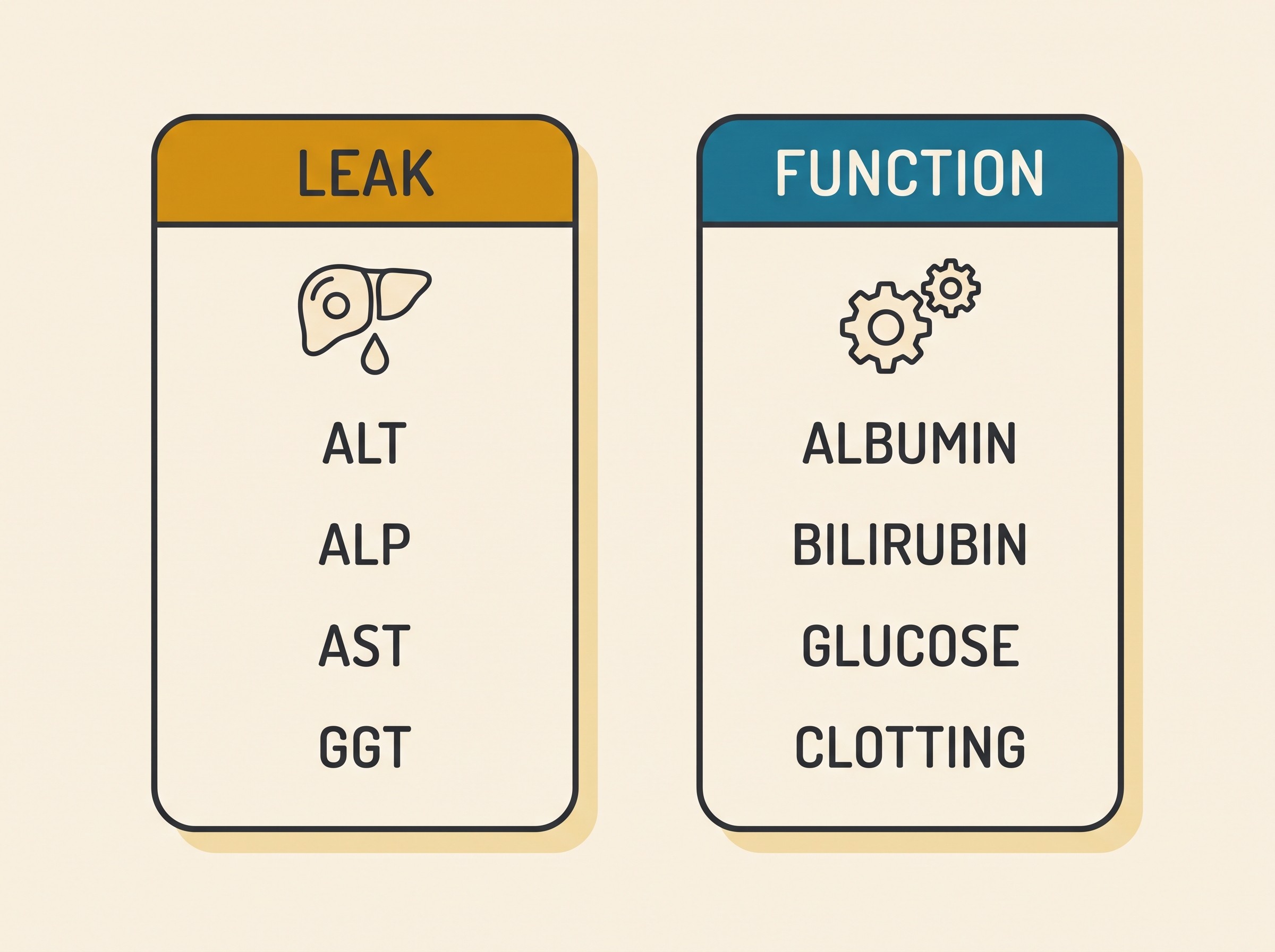 A two-column card on cream headed "LEAK" and "FUNCTION": under LEAK the words ALT, ALP, AST, GGT with a small dripping-cell icon; under FUNCTION the words ALBUMIN, BILIRUBIN, GLUCOSE, CLOTTING with a small working-gears icon, in charcoal with an amber and blue-teal accent