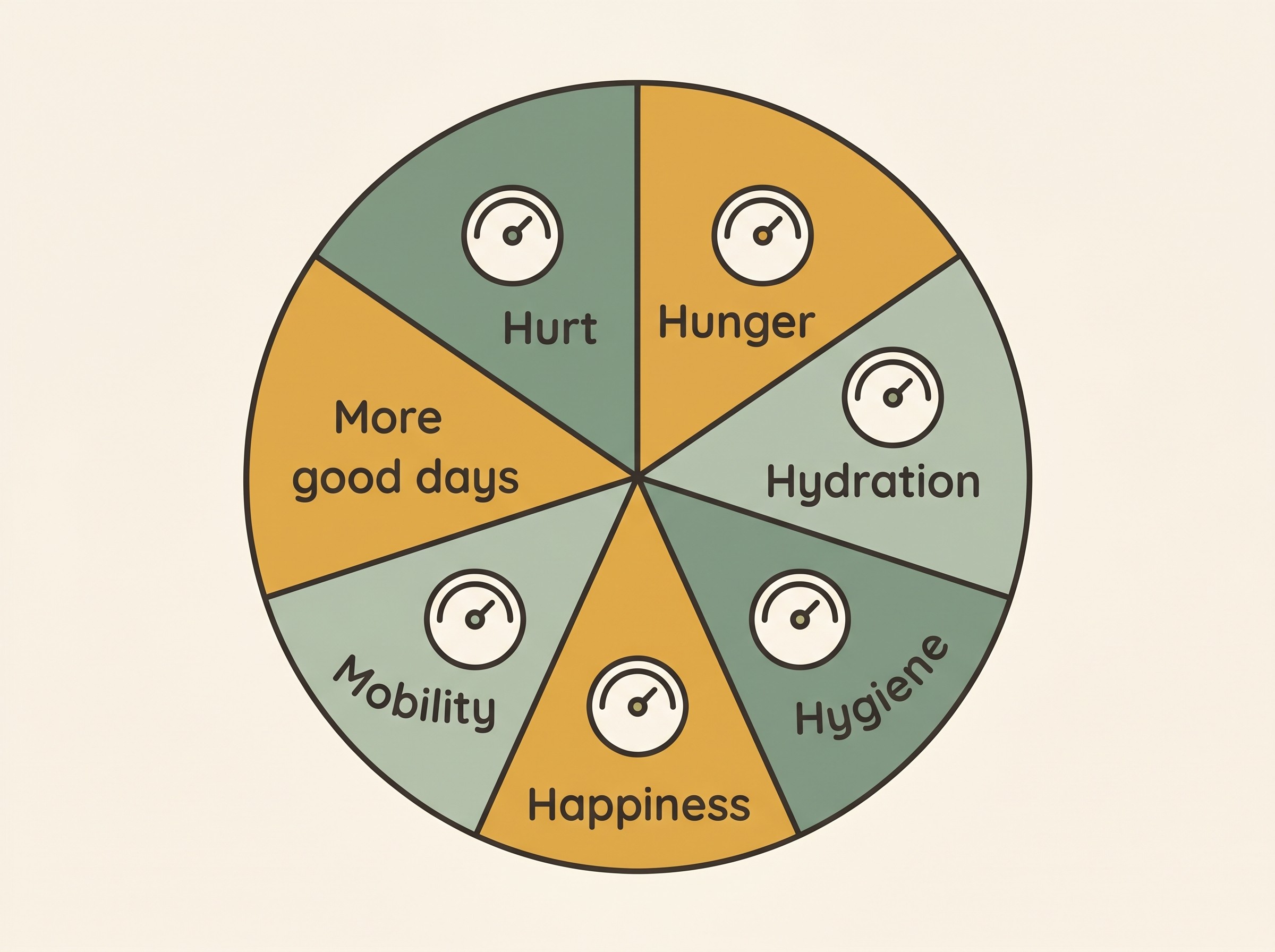 A calm wheel of seven gentle gauges labelled Hurt, Hunger, Hydration, Hygiene, Happiness, Mobility and More good days than bad, each with a small dial, on an oat-cream field