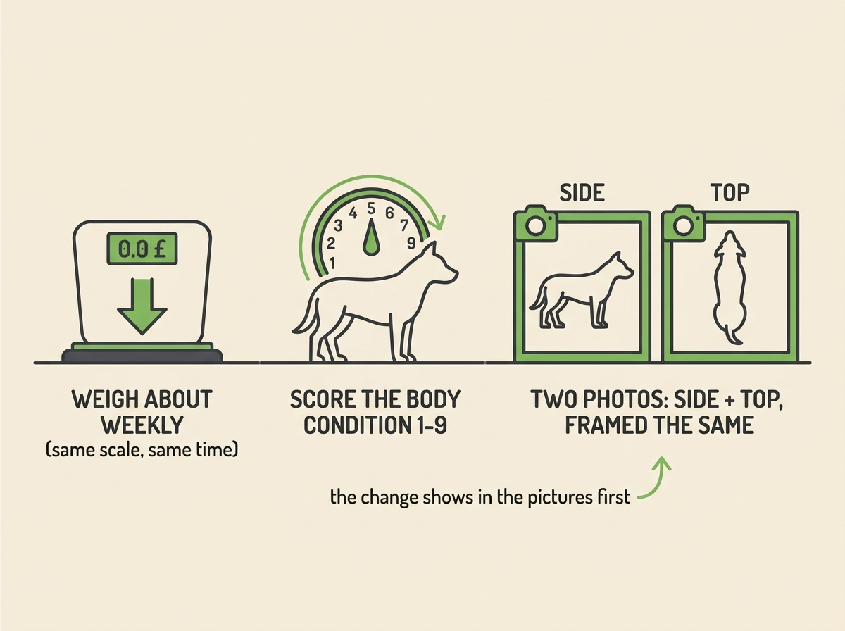A three-step tracking strip in leaf-green and charcoal: weigh about weekly, score the body condition 1 to 9, take two photos side and top, with an aside that the change shows in the pictures first.