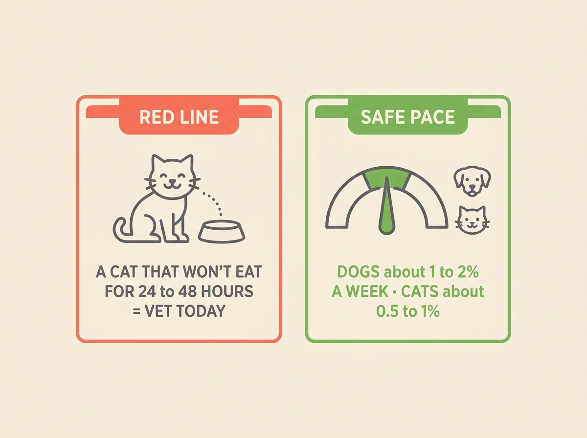 A coral-bordered red-line callout card reading “a cat that won’t eat for 24 to 48 hours = vet today” beside a leaf-green safe-pace gauge showing dogs about 1 to 2% a week and cats about 0.5 to 1%.