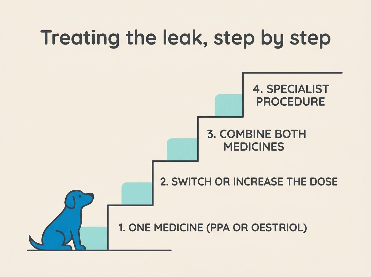 A simple labelled staircase showing the medical options building up step by step, from a single medicine to a dose change, to combining both medicines, to a specialist procedure.