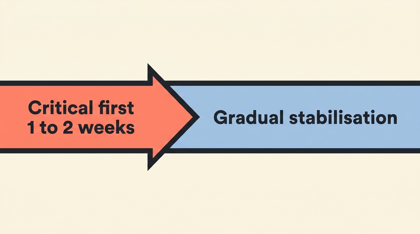 A simple timeline showing the intensive, high-risk first one to two weeks of IMHA treatment, followed by gradual stabilisation and a slow tapering of medication over the following months.