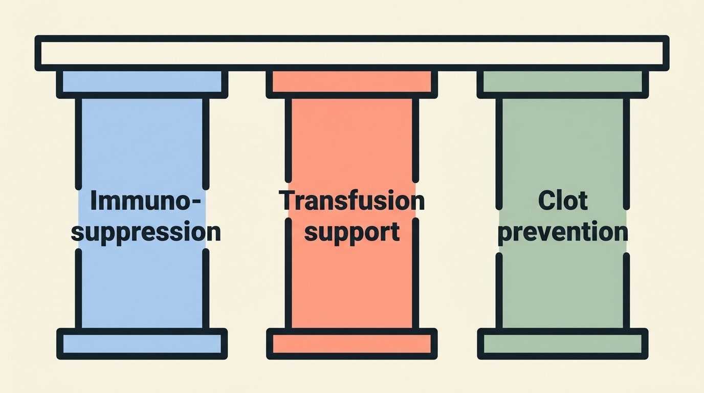 A diagram showing the three pillars that hold up IMHA treatment: immunosuppression with steroids plus a second drug, blood transfusion support, and clot prevention.