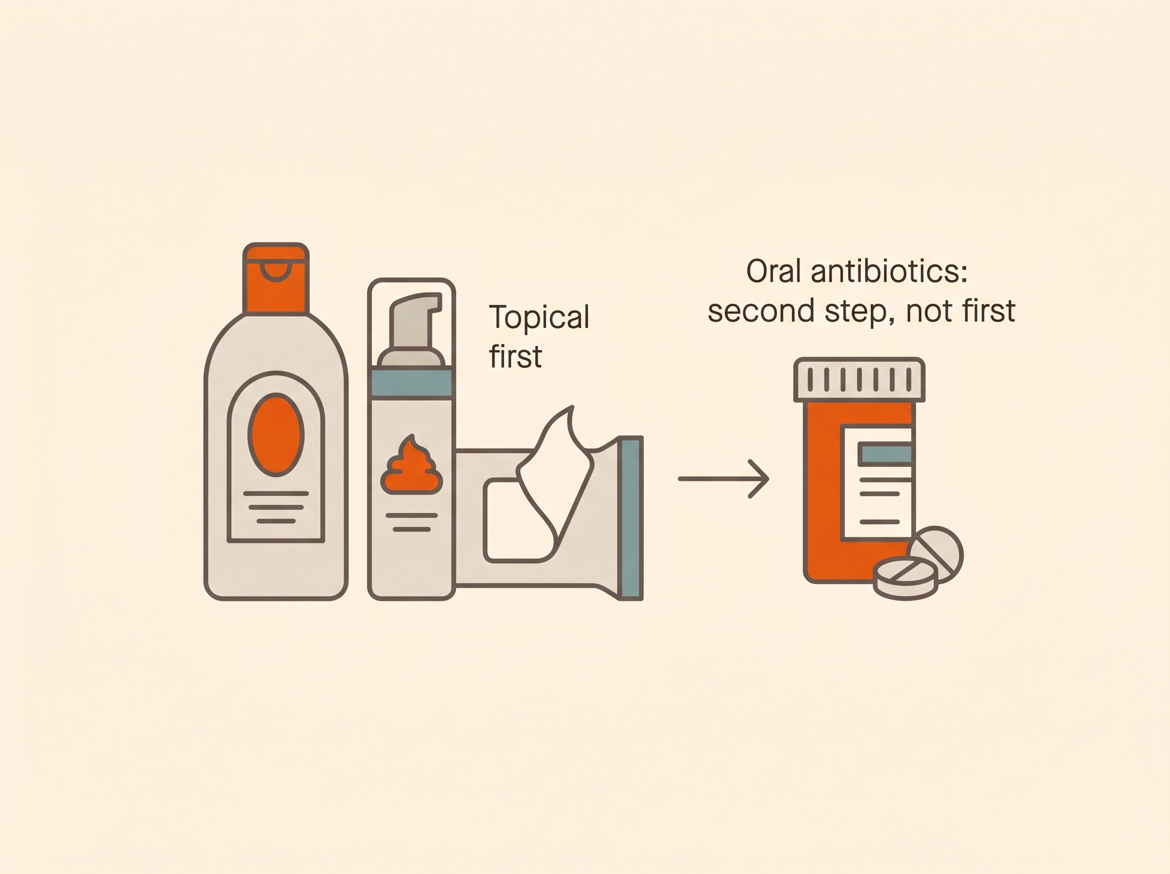 A flat-icon comparison: a shampoo bottle, mousse and wipe labelled topical first as the treatment of choice, beside a pill bottle labelled oral antibiotics held in reserve for when topical fails or the infection is deep, with an arrow showing the tablets as the second step