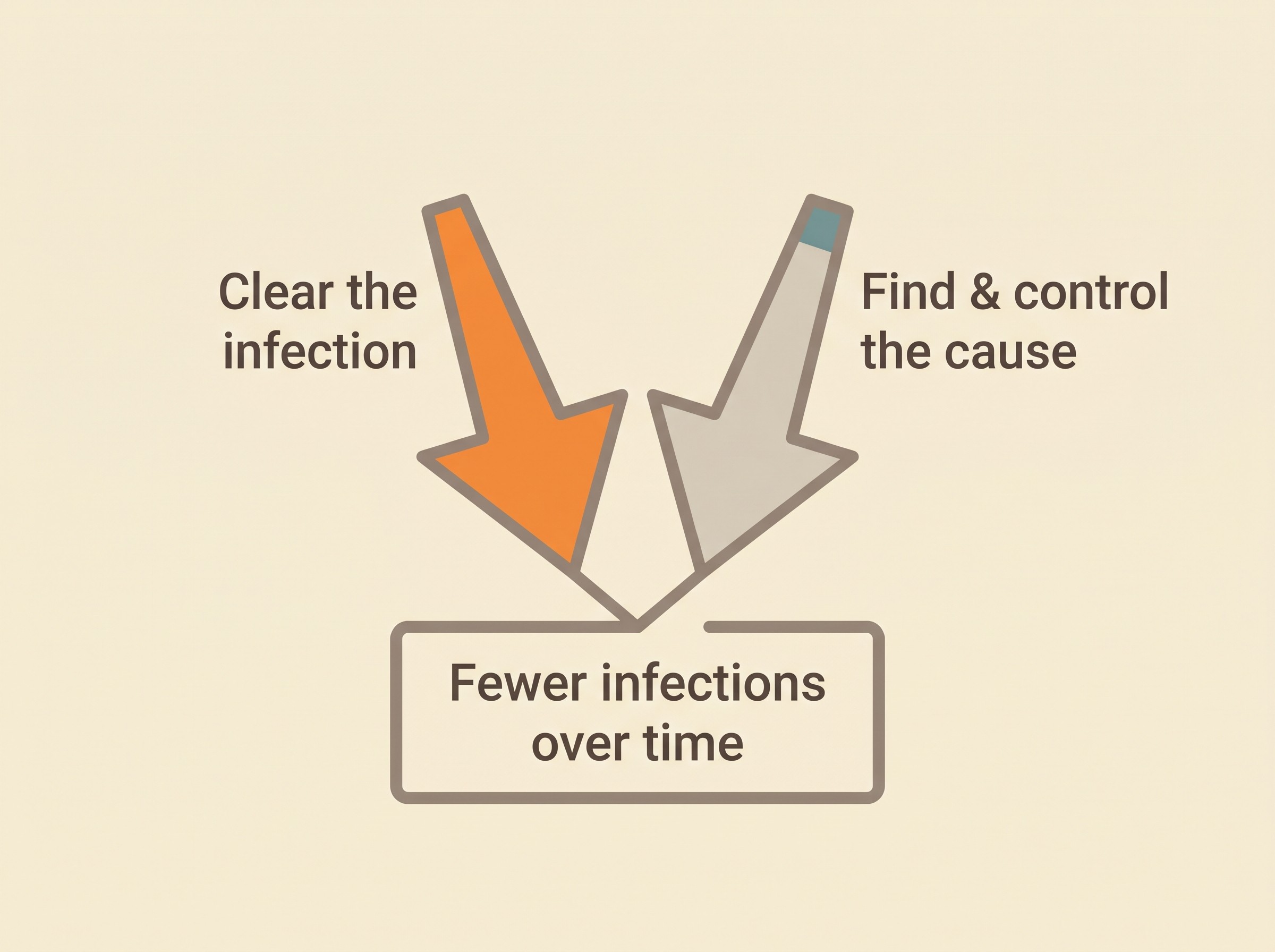 Two arrows running side by side, one labelled clear the infection with topical and sometimes systemic treatment, the other labelled find and control the cause which is usually allergy, parasites or a skin fold, both converging on an outcome box labelled fewer infections over time