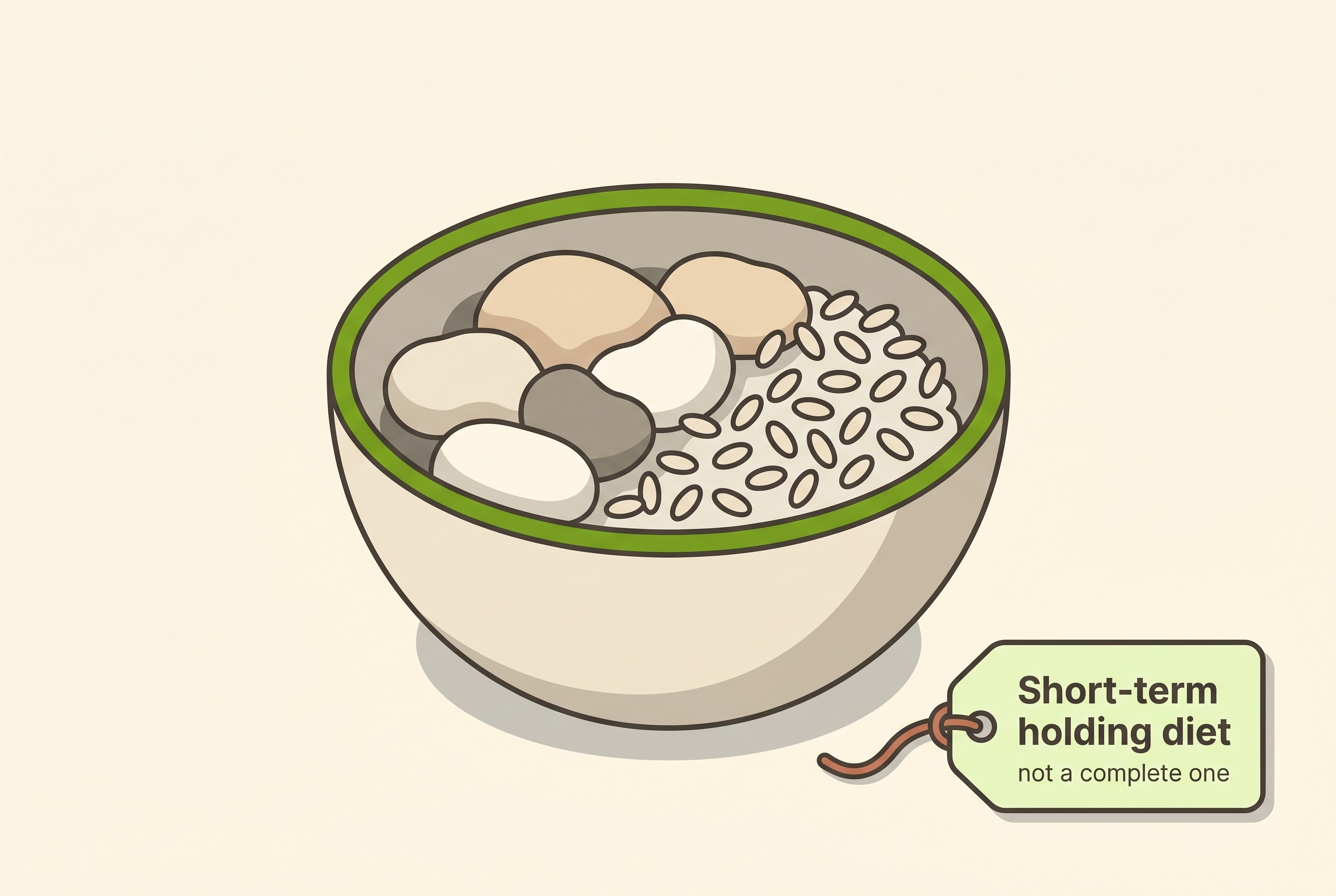 A plate of plain boiled chicken and white rice beside a label reading short-term holding diet, not a complete one
