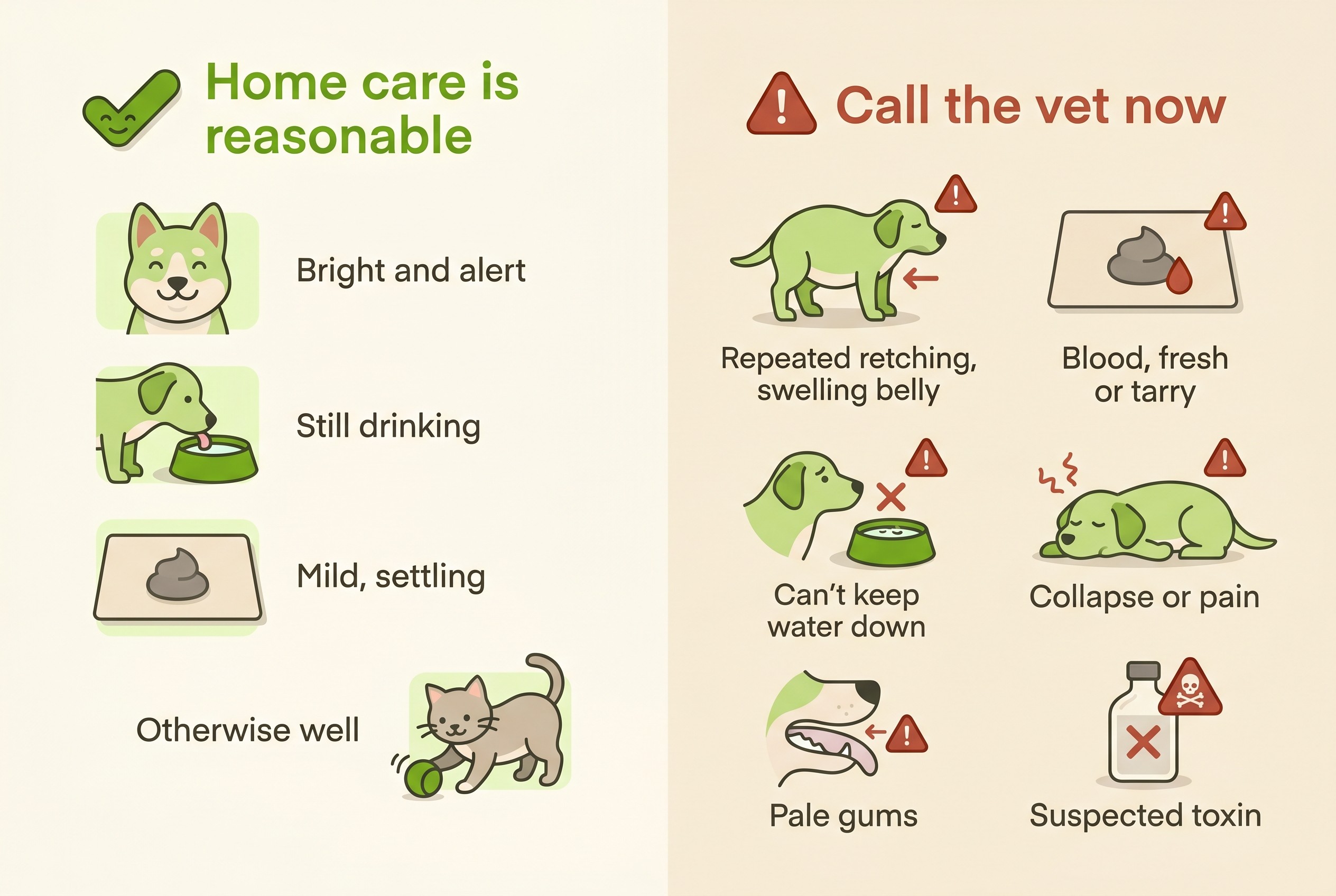A two-column guide contrasting when home care is reasonable against the signs that mean call the vet now