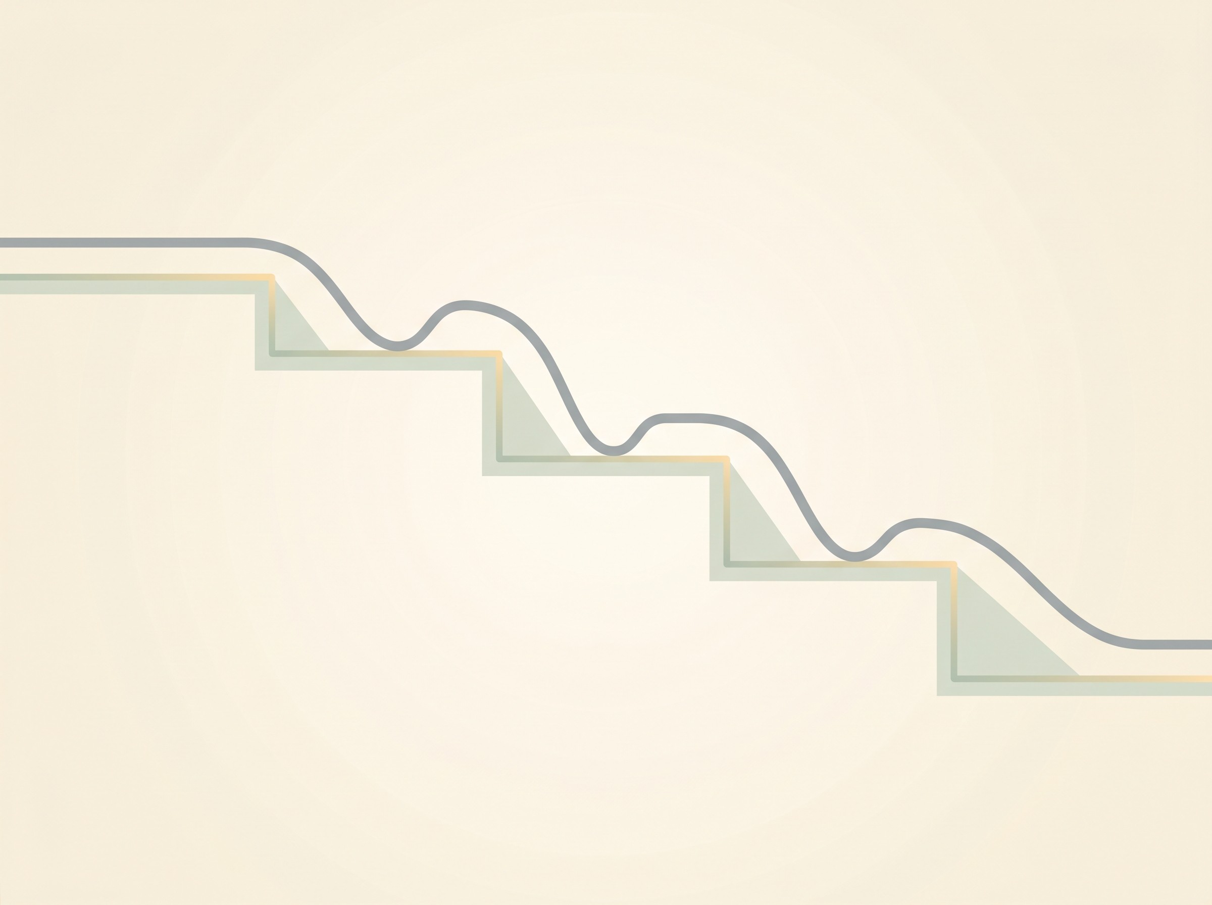 A gentle line drifting along a series of flat plateaus, each one stepping down to a slightly lower level after a knock, illustrating how decline in a frail old pet tends to look over time
