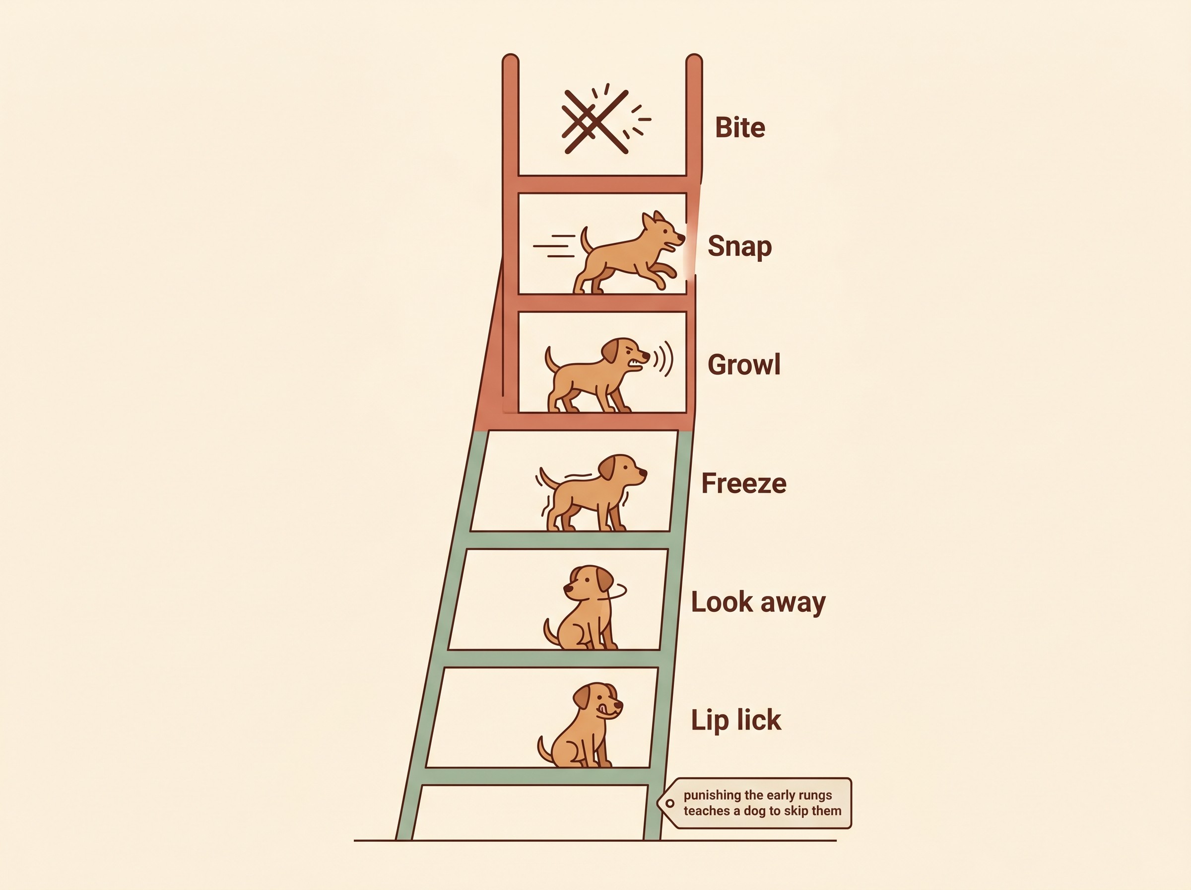A vertical ladder of canine stress signals rising from a lip-lick at the bottom to a bite at the top