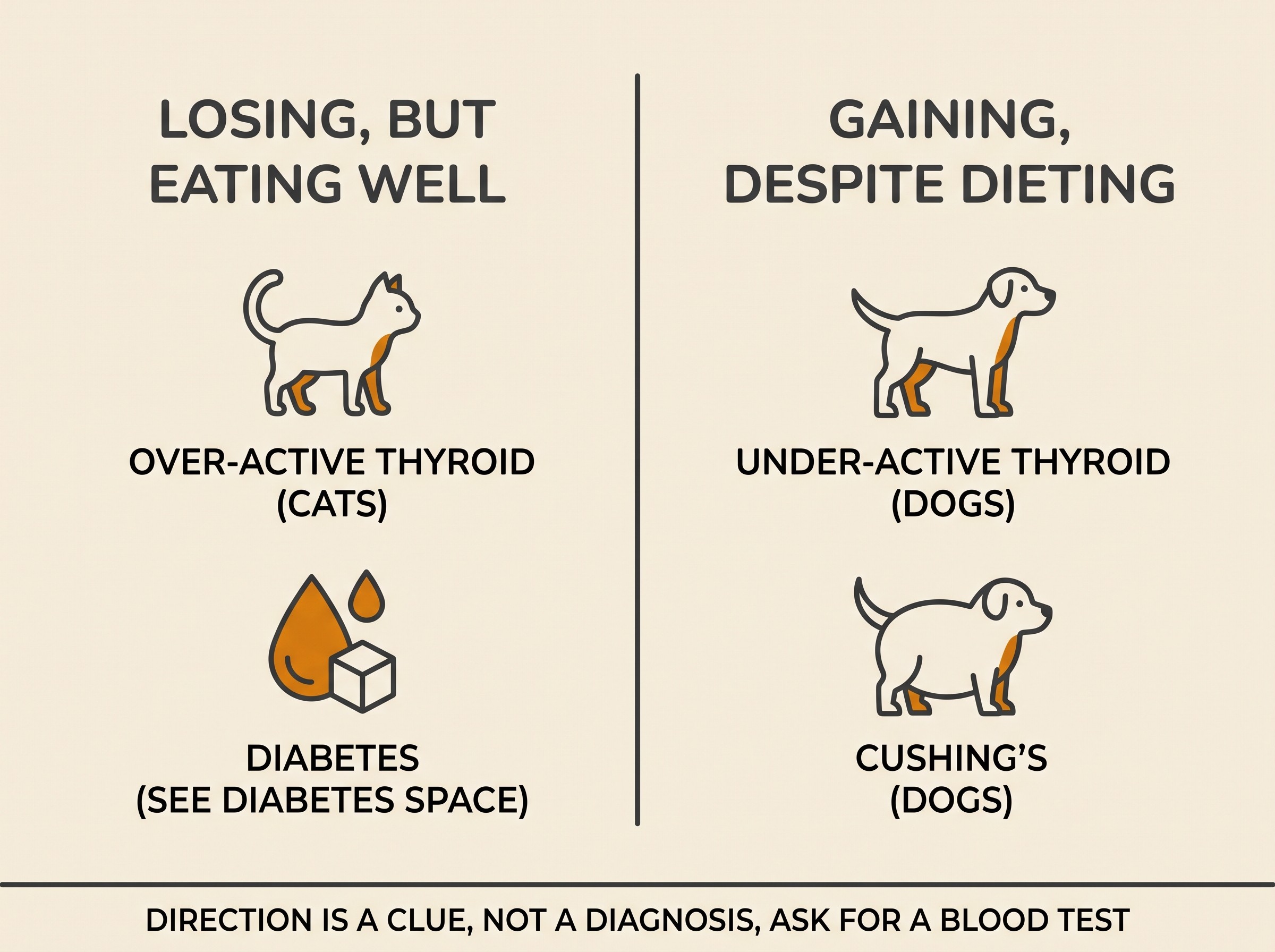 Two-column card contrasting "losing but eating well" (over-active thyroid in cats, diabetes) with "gaining despite dieting" (under-active thyroid and Cushing's in dogs)