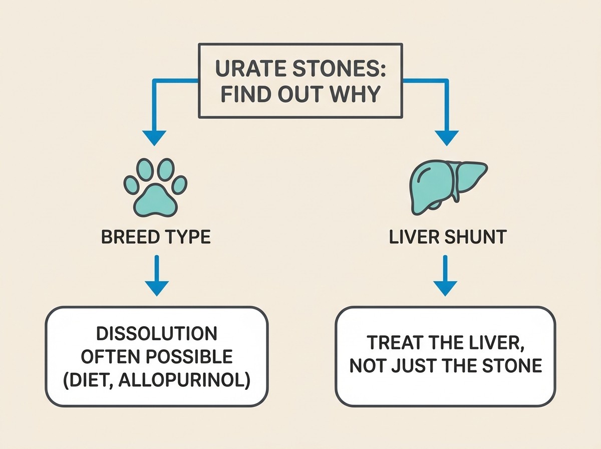 Flat vector illustration on a cream background. A heading reads URATE STONES: FIND OUT WHY. Two paths branch from it: a breed icon labelled BREED TYPE leading to DISSOLUTION OFTEN POSSIBLE (DIET, ALLOPURINOL), and a small liver icon labelled LIVER SHUNT leading to TREAT THE LIVER, NOT JUST THE STONE.