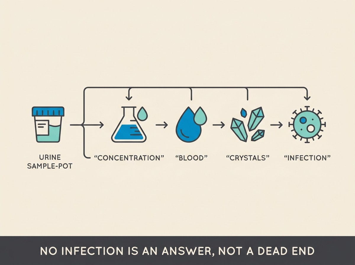 A simple icon strip showing a urine sample reading out concentration, blood, crystals and bacteria, with a note “NO INFECTION IS AN ANSWER, NOT A DEAD END”