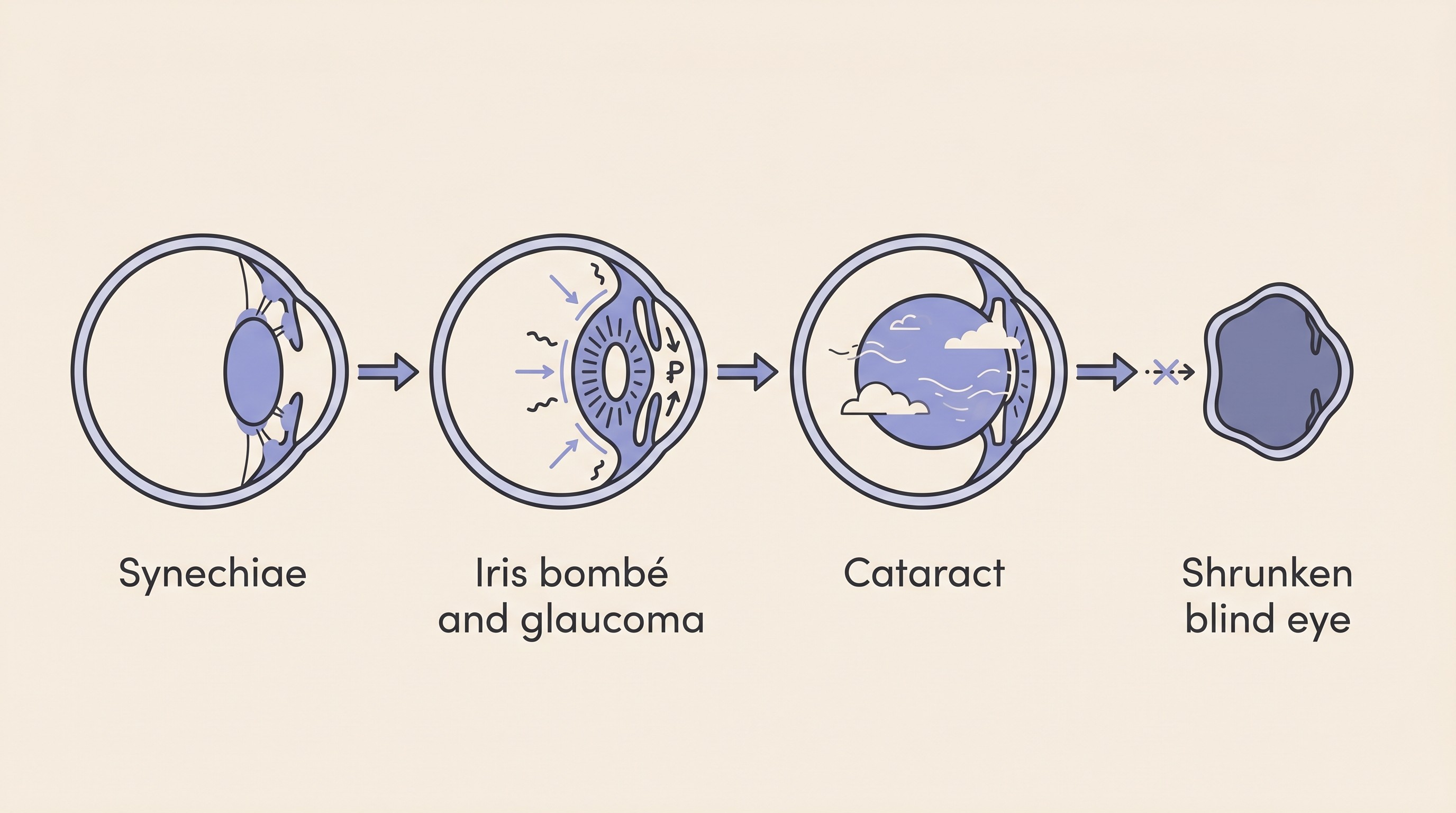 Flat vector strip on cream showing the four uveitis complications in sequence: iris scarring to the lens (synechiae), the iris ballooning forward (iris bombé) into secondary glaucoma, a cloudy cataract, and a shrunken blind eye