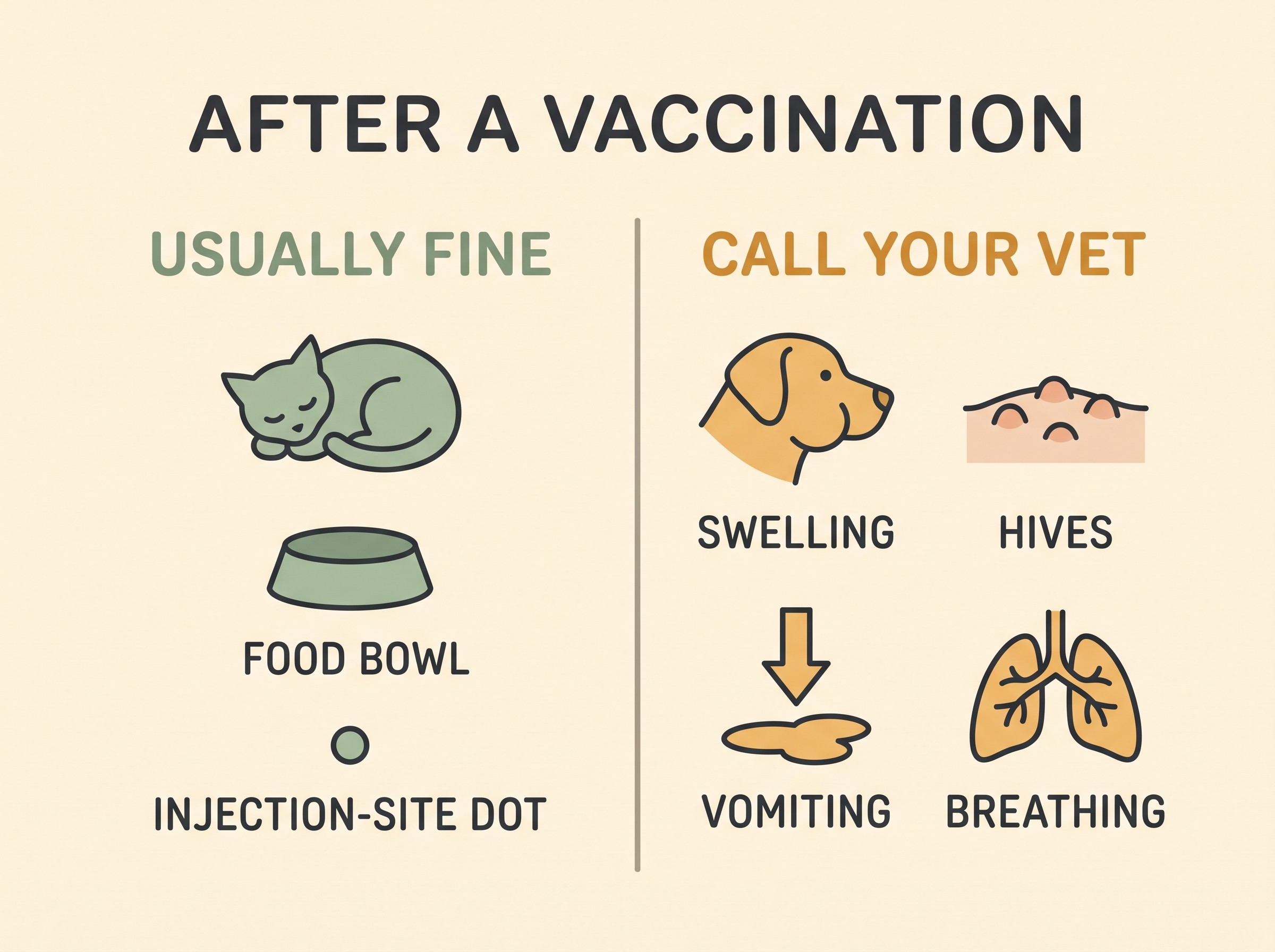 A note card headed AFTER A VACCINATION with two columns, USUALLY FINE and CALL YOUR VET, listing normal signs versus warning signs