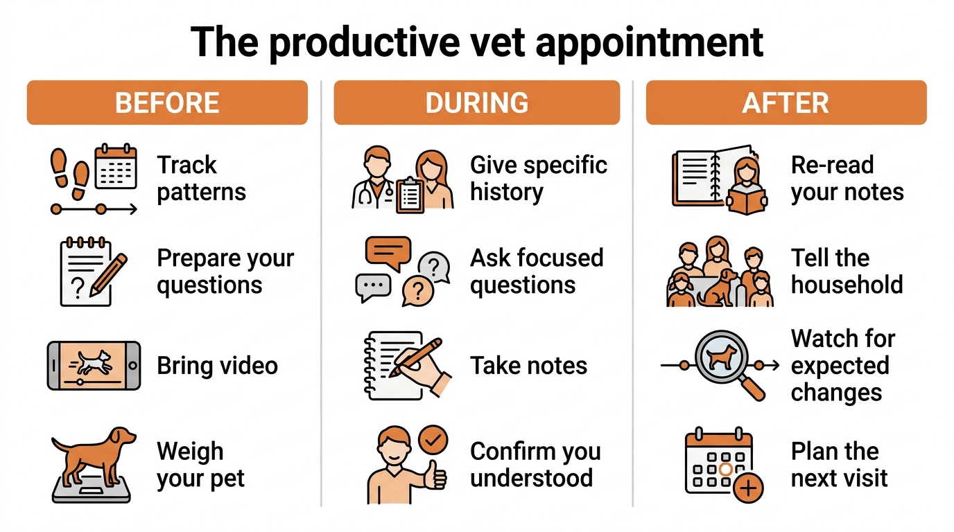 A three-column infographic titled The productive vet appointment, with Before (track patterns, prepare questions, bring video, weigh your pet), During (give specific history, ask focused questions, take notes, confirm understanding) and After (re-read notes, tell the household, watch for expected changes, plan the next visit)