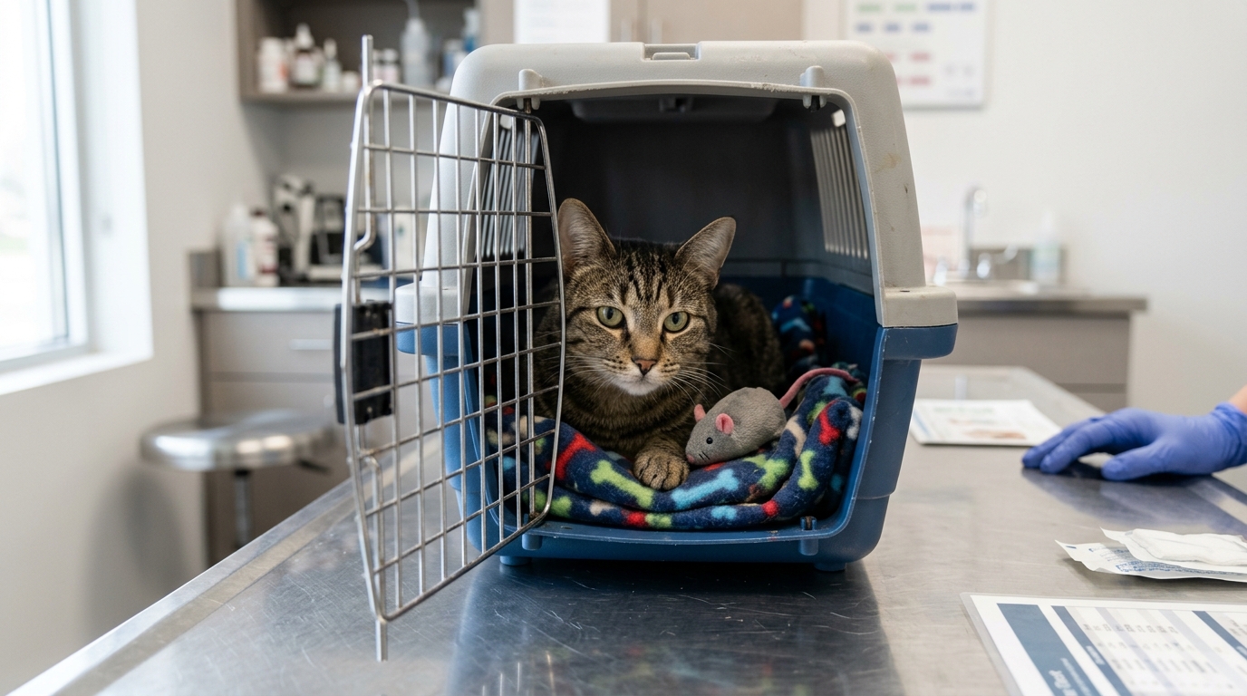 A cat carrier on a vet examination table with the cat partially visible inside looking calm but alert, a familiar blanket and toy in the carrier, soft clinical light