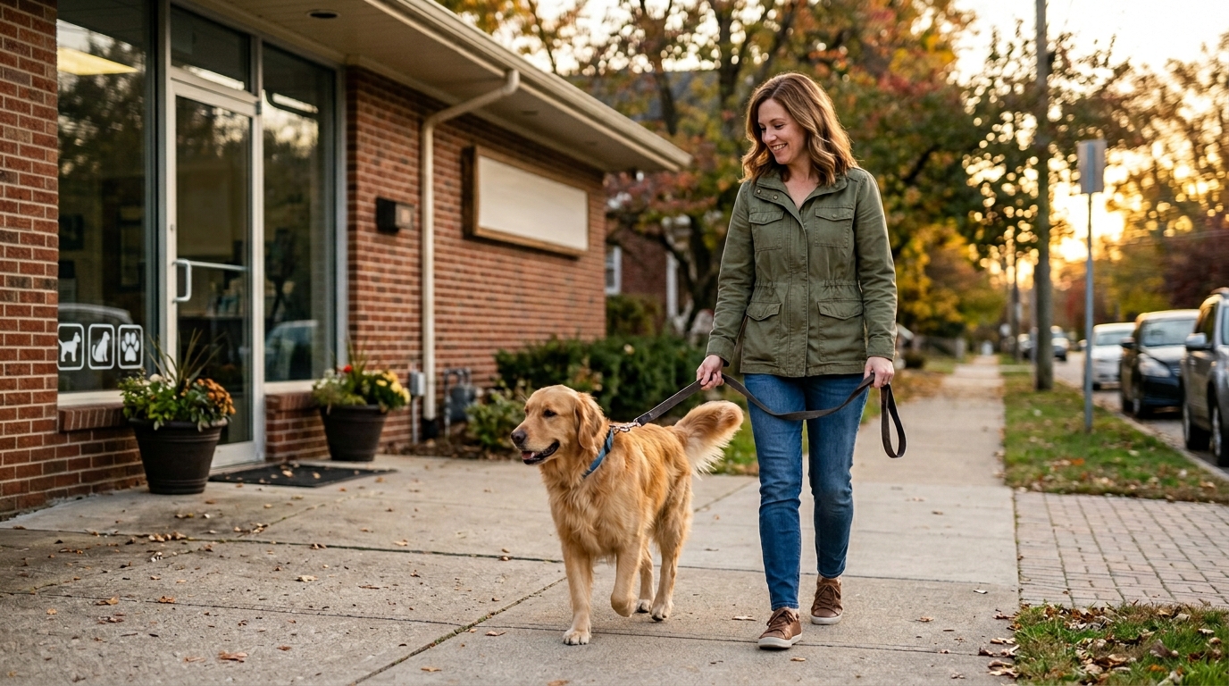 An owner walking out of a vet practice with their dog walking comfortably beside them, both relaxed and unhurried, late afternoon light