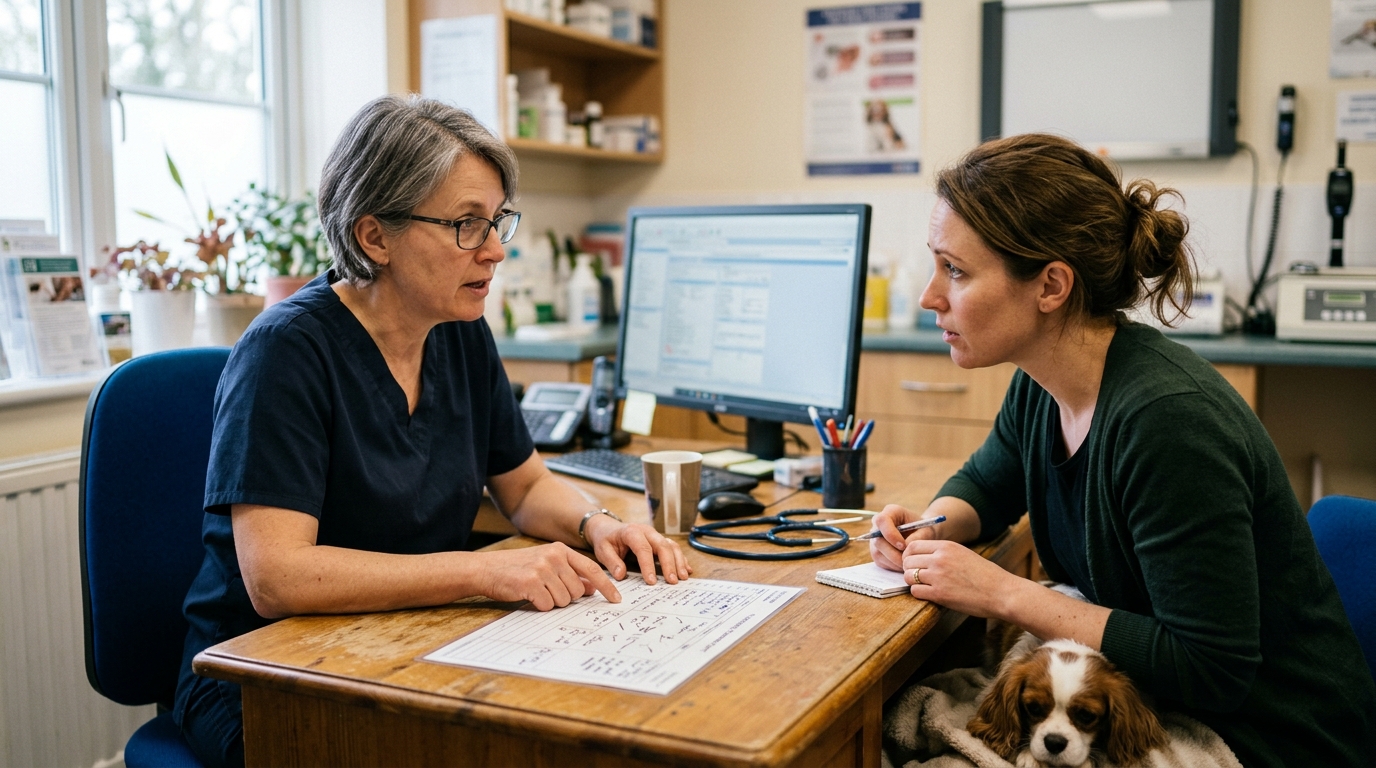 A vet and owner sitting at a consulting-room desk in active discussion, the dog calm between them, the vet making notes while the owner is mid-sentence, soft natural light
