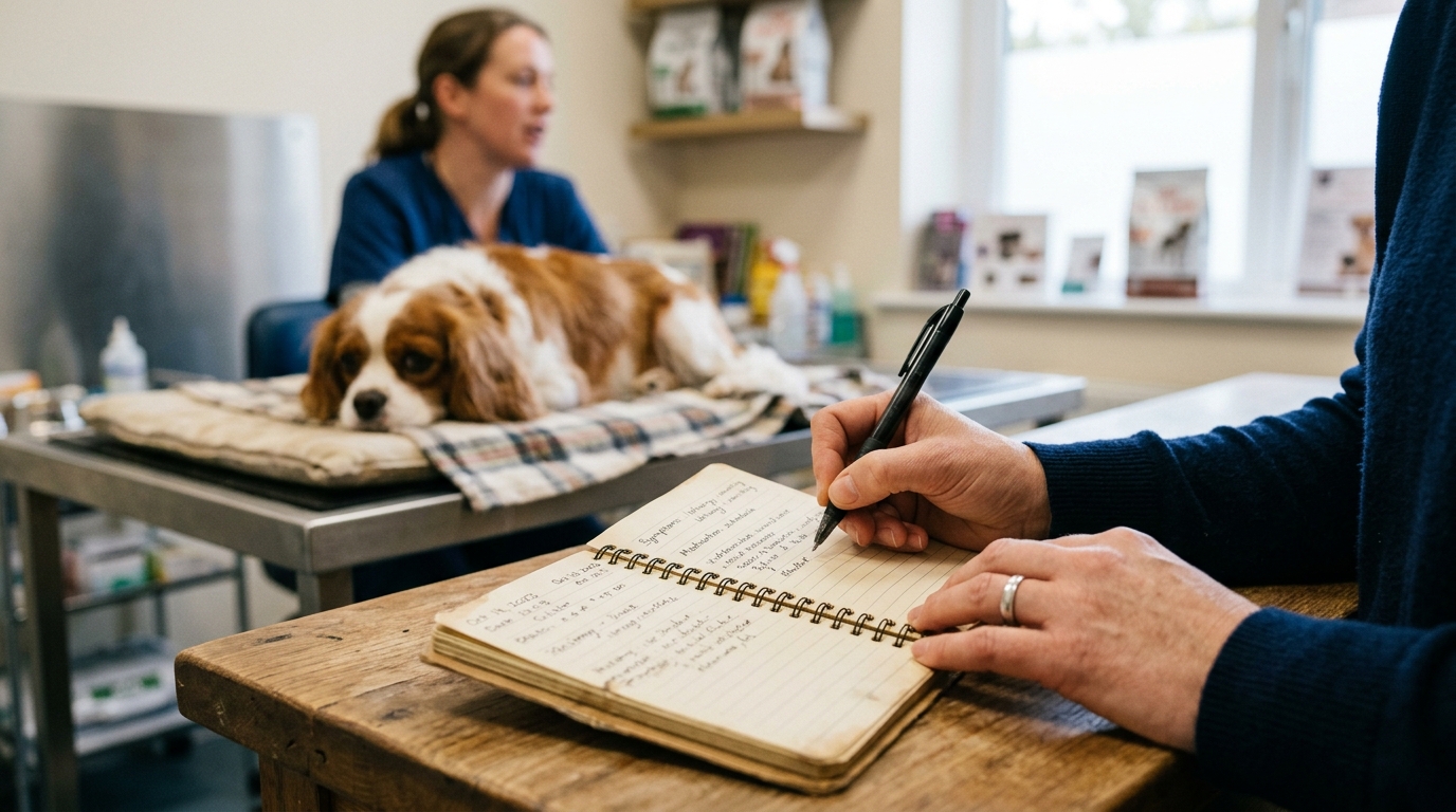 Close-up of an owner's hands writing in a small notebook during a veterinary consultation, the dog in soft focus behind, soft consulting-room light