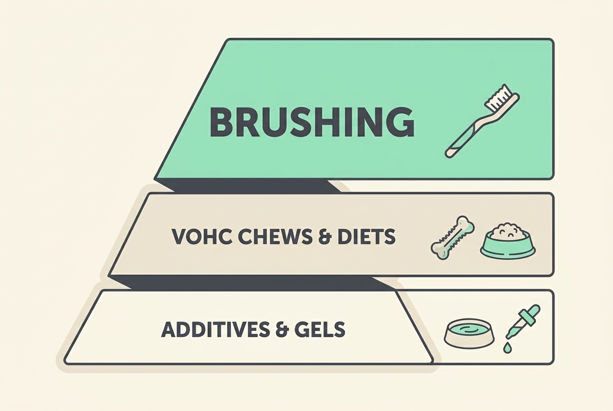 Flat vector pyramid diagram on cream with a mint accent. The top tier reads "BRUSHING", the middle tier "VOHC CHEWS & DIETS", the base tier "ADDITIVES & GELS".
