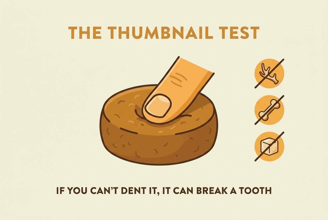 Flat vector warning card on cream with a restrained amber accent, showing a thumbnail pressing a chew, headed "THE THUMBNAIL TEST", with the line "If you can't dent it, it can break a tooth" and small icons of an antler, a bone and an ice cube crossed out.