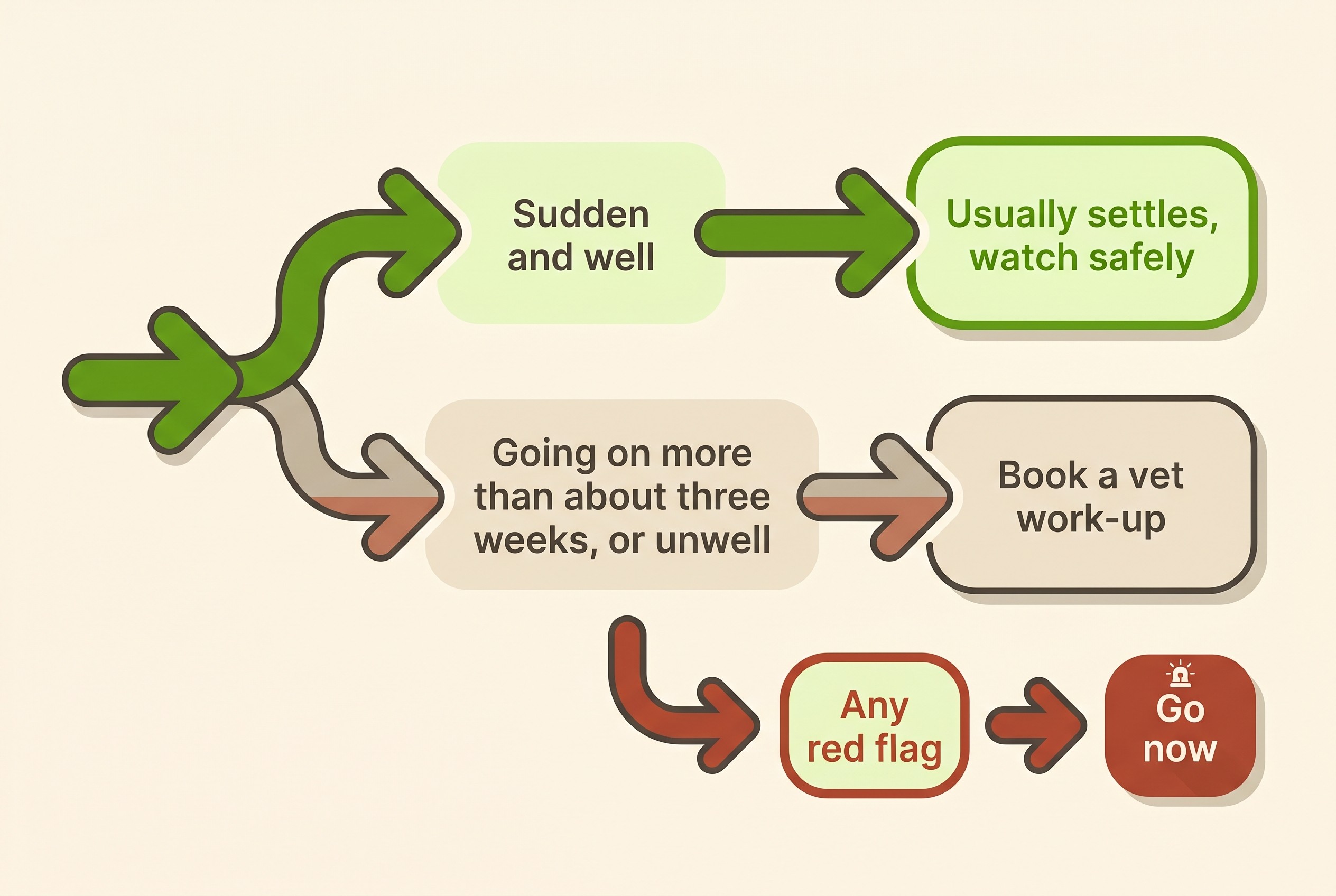 A simple decision split on cream: a forking arrow from "sudden and well" leading to "usually settles, watch safely", from "going on more than about three weeks, or unwell" leading to "book a vet work-up", and a red side-branch from "any red flag" leading to "go now"