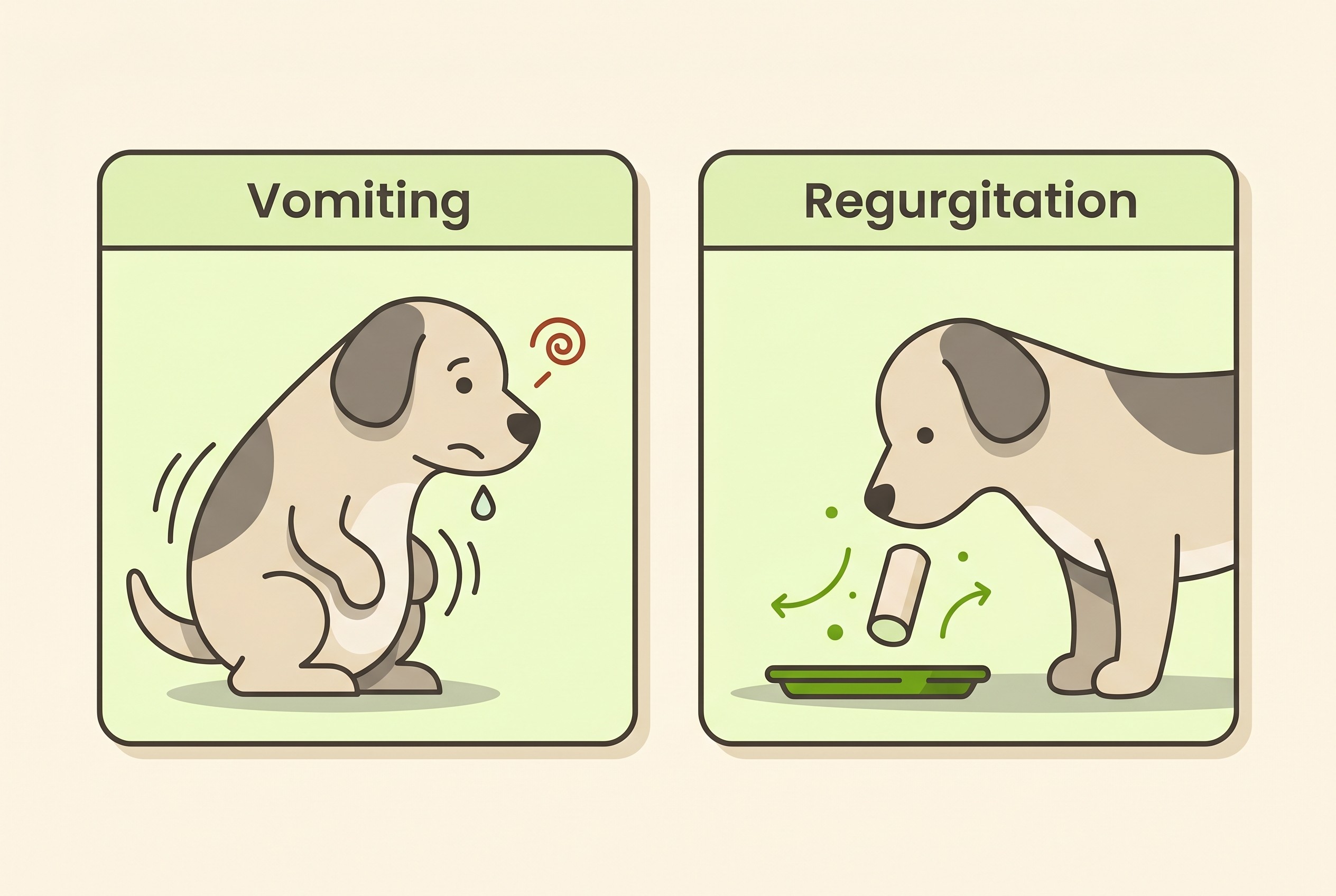 Side-by-side flat illustration contrasting an active vomit (a braced, heaving dog with abdominal effort and drooling) against a passive regurgitation (head lowered, a tube-shaped plug falling out, no effort)