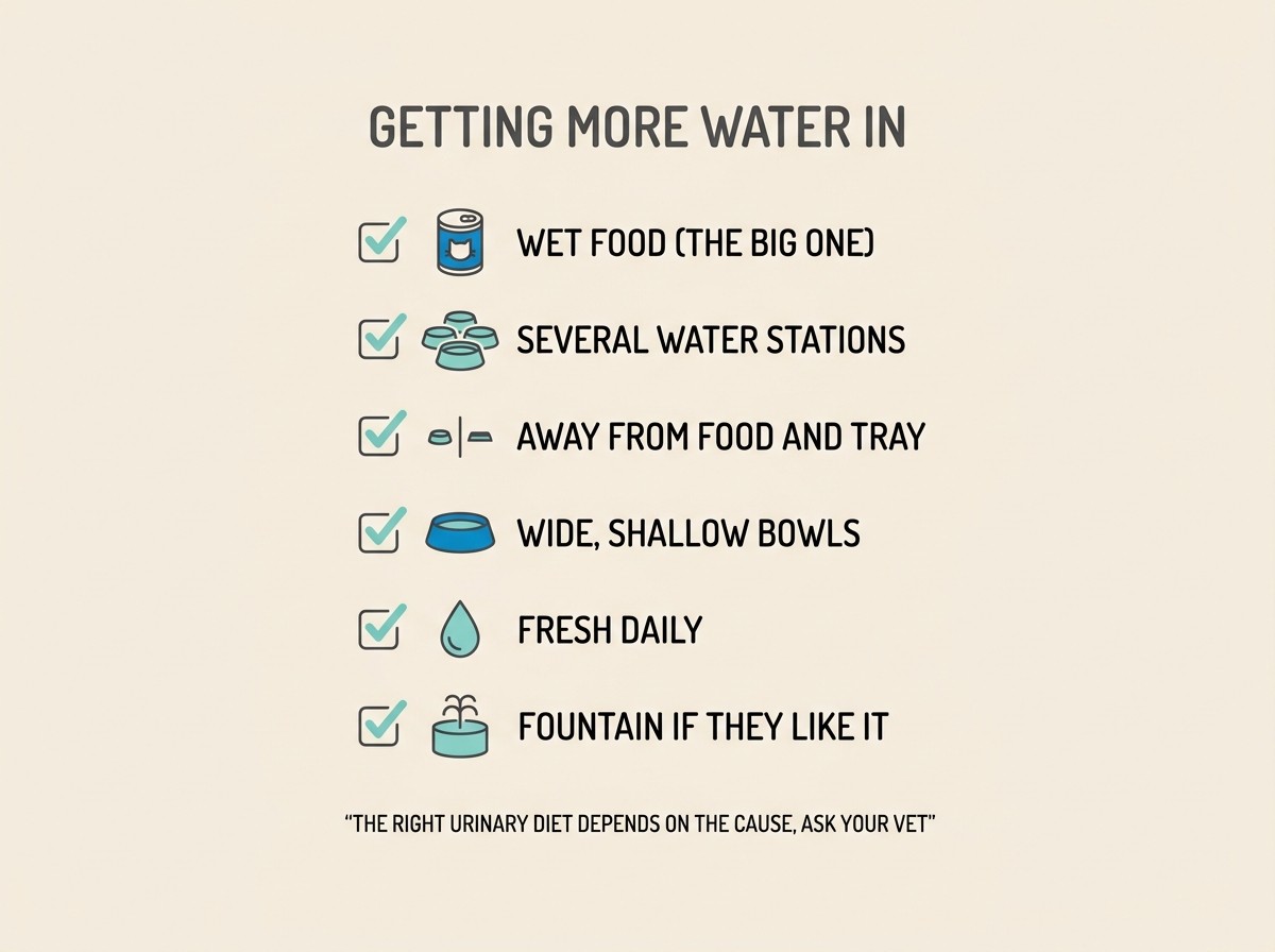 Flat vector tactics card on a warm cream background, soft charcoal headings with calm aqua tick icons. A simple checklist titled “getting more water in” reads “wet food (the big one)”, “several water stations”, “away from food and tray”, “wide, shallow bowls”, “fresh daily”, “fountain if they like it”. A small footer note in charcoal reads “the right diet depends on the cause, ask your vet”. No photoreal elements, no clinical imagery.