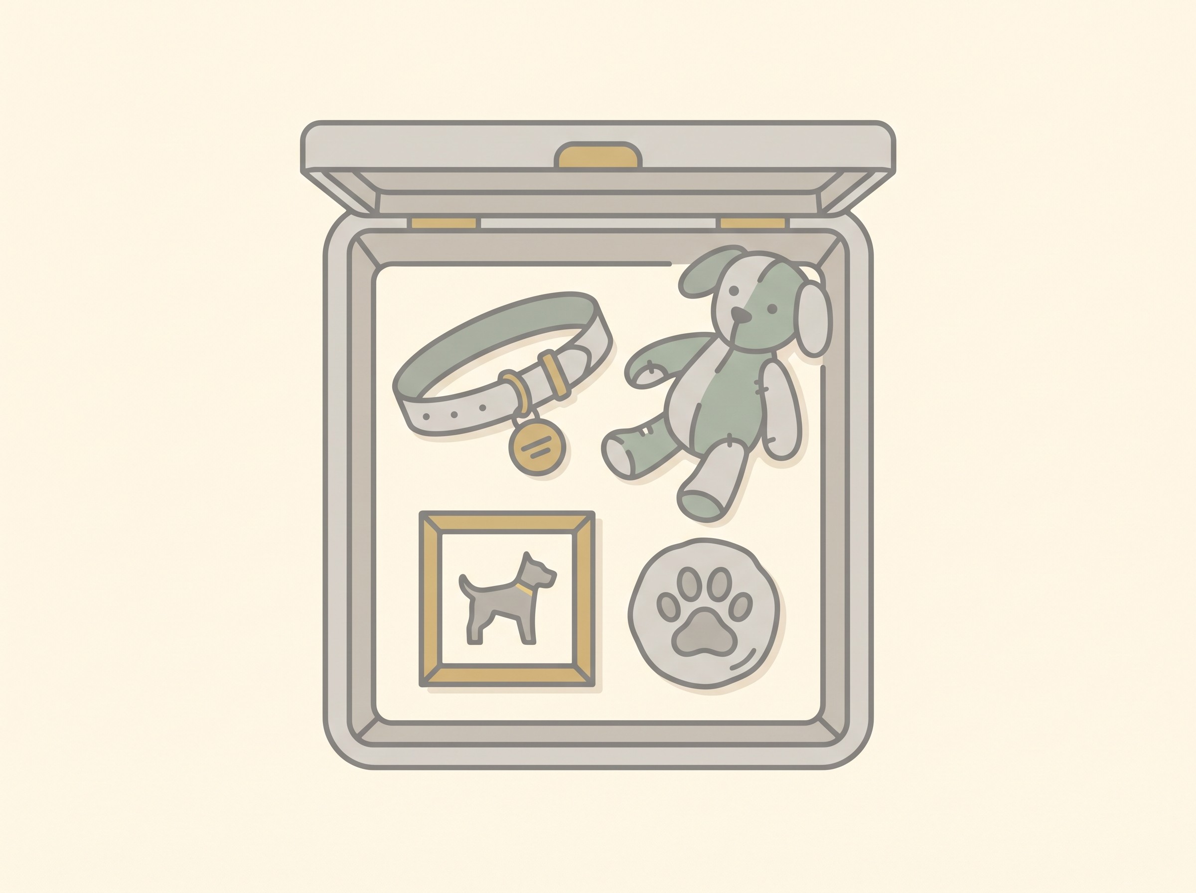 A warm, text-light illustration on a cream background of an open memory box holding a collar and name tag, a favourite toy, a small framed photograph and a paw print, with soft flat line icons rather than anything clinical