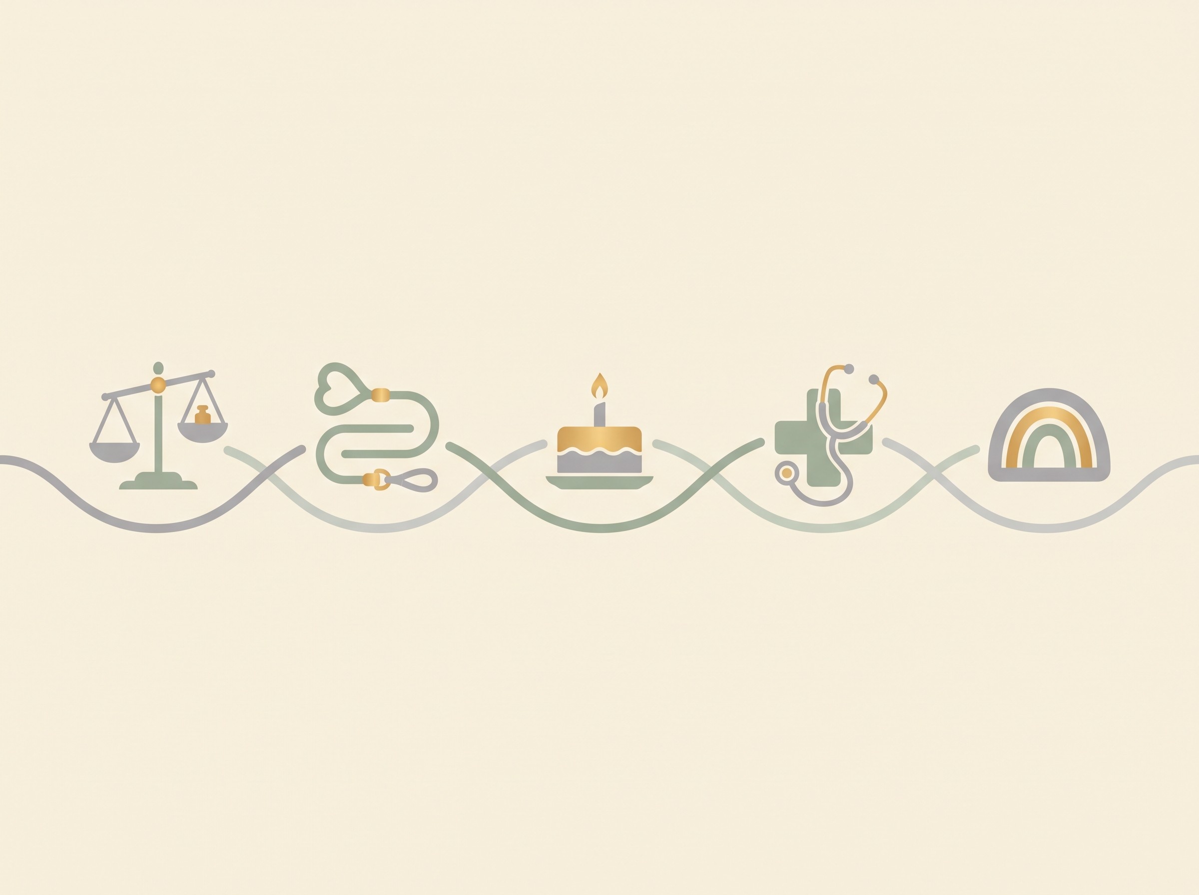A calm, gentle illustration on a cream background of a horizontal life-timeline rendered as soft milestones: a first weigh-in, a favourite walk, a birthday, a quiet vet visit, ending in a small rainbow badge, drawn as warm flat icons rather than a clinical chart