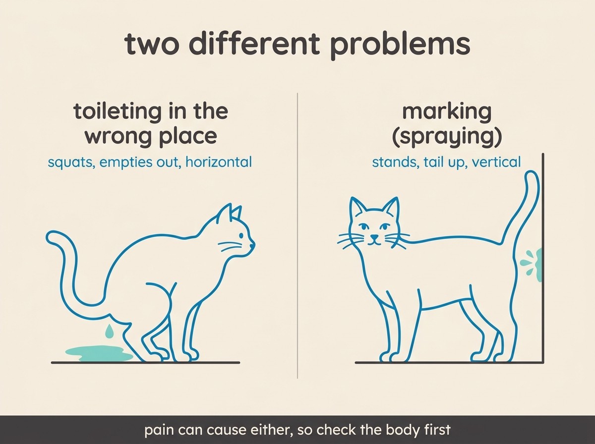 A clean comparison card contrasting a cat squatting and emptying its bladder on the floor labelled “toileting in the wrong place” with a cat standing tall and spraying a vertical surface labelled “marking”, with a small footer note that pain can drive either