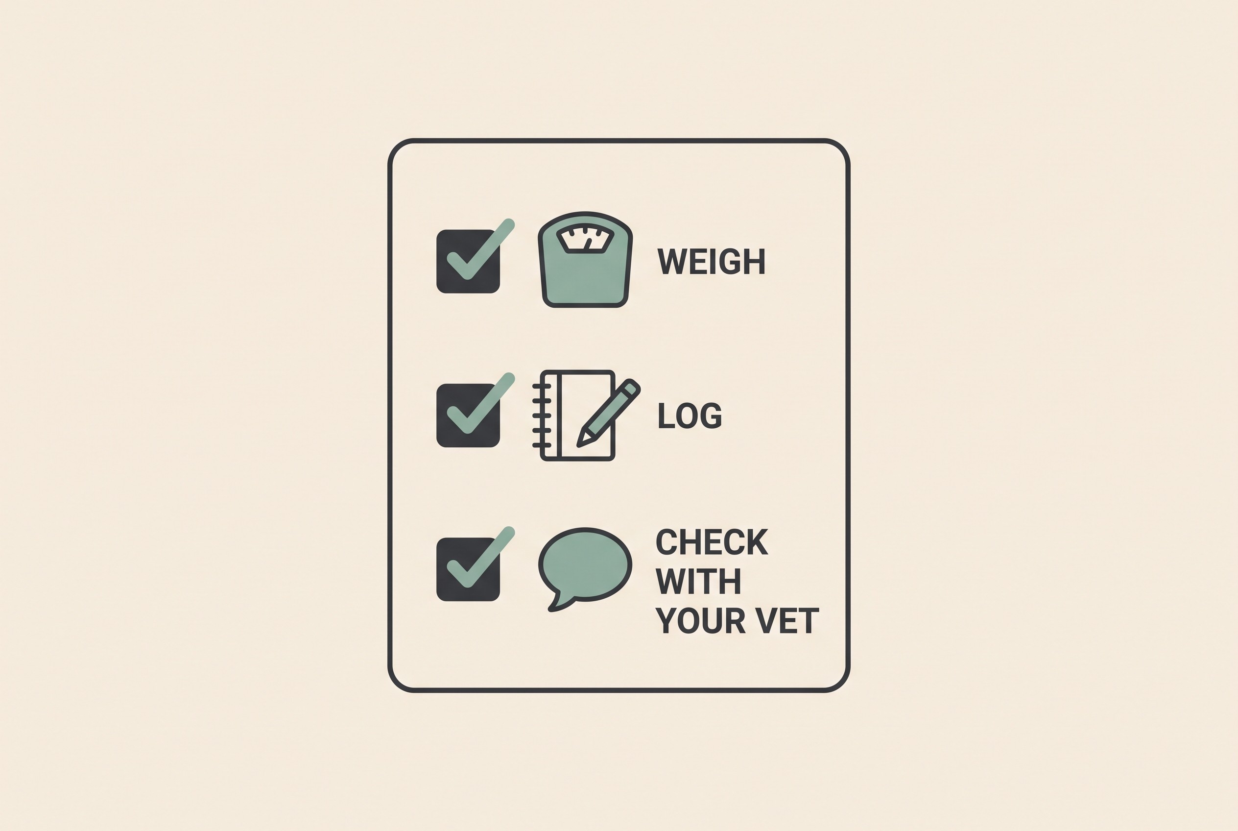A simple weekly-checklist card on cream with three steps: Weigh, Log, Check with your vet, in sage-teal