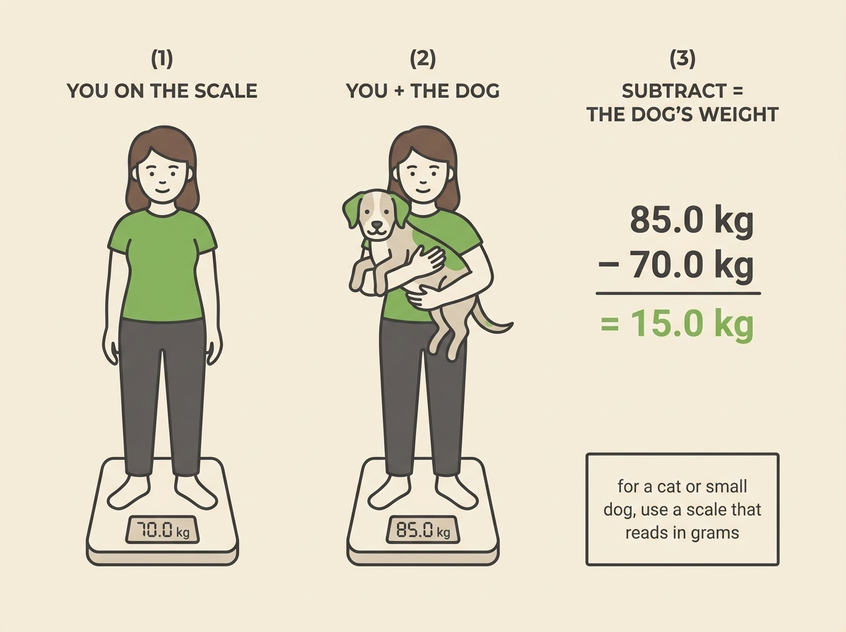 A simple three-step weigh-by-difference strip: step one “YOU ON THE SCALE”, step two “YOU + PET”, step three “SUBTRACT = THEIR WEIGHT”, with an aside reading “for a cat or small dog, use a scale that reads in grams”.