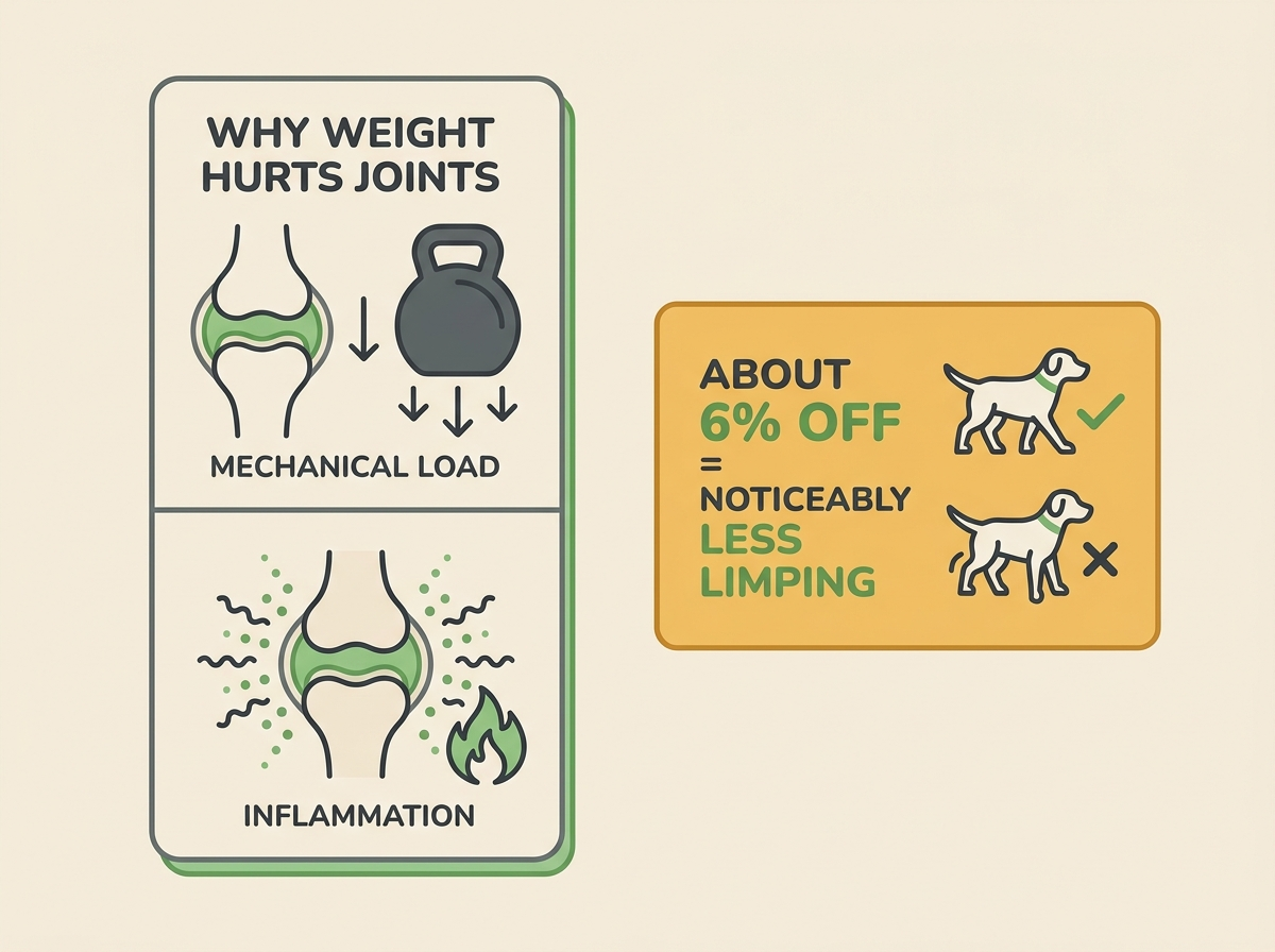 Flat vector card explaining the two ways weight hurts joints (mechanical load and inflammation) beside a honey-amber stat tile reading “ABOUT 6% OFF = NOTICEABLY LESS LIMPING”