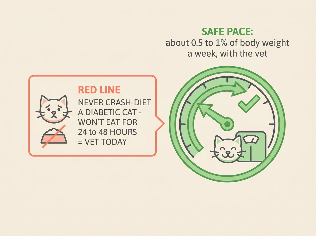 A coral-bordered red line callout card reading never crash-diet a diabetic cat, won't eat for 24 to 48 hours equals vet today, beside a leaf-green safe pace gauge reading about 0.5 to 1% of body weight a week with the vet