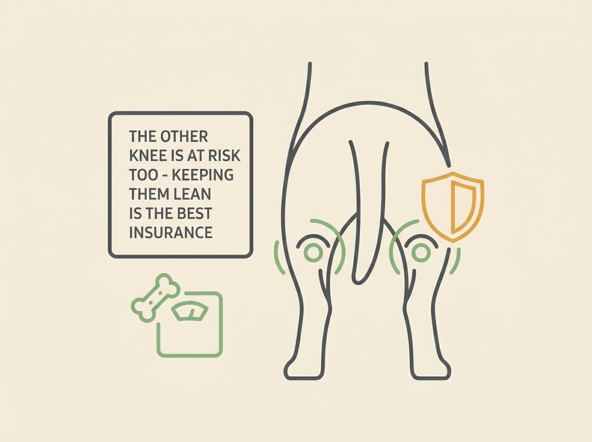 A calm diagram of a dog seen from behind with both stifles marked and a small shield over the uninjured knee, card "THE OTHER KNEE IS AT RISK TOO - KEEPING THEM LEAN IS THE BEST INSURANCE".