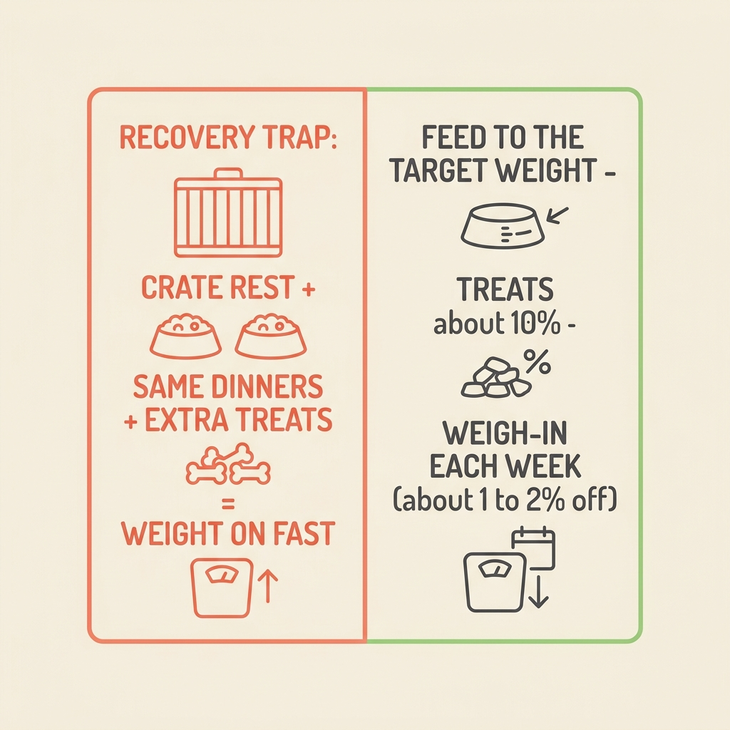 A split card. Left, a coral-bordered safety note "RECOVERY TRAP: CRATE REST + SAME DINNERS + EXTRA TREATS = WEIGHT ON FAST". Right, a leaf-green fix strip "FEED TO THE TARGET WEIGHT - TREATS about 10% - WEIGH-IN EACH WEEK (about 1 to 2% off)".