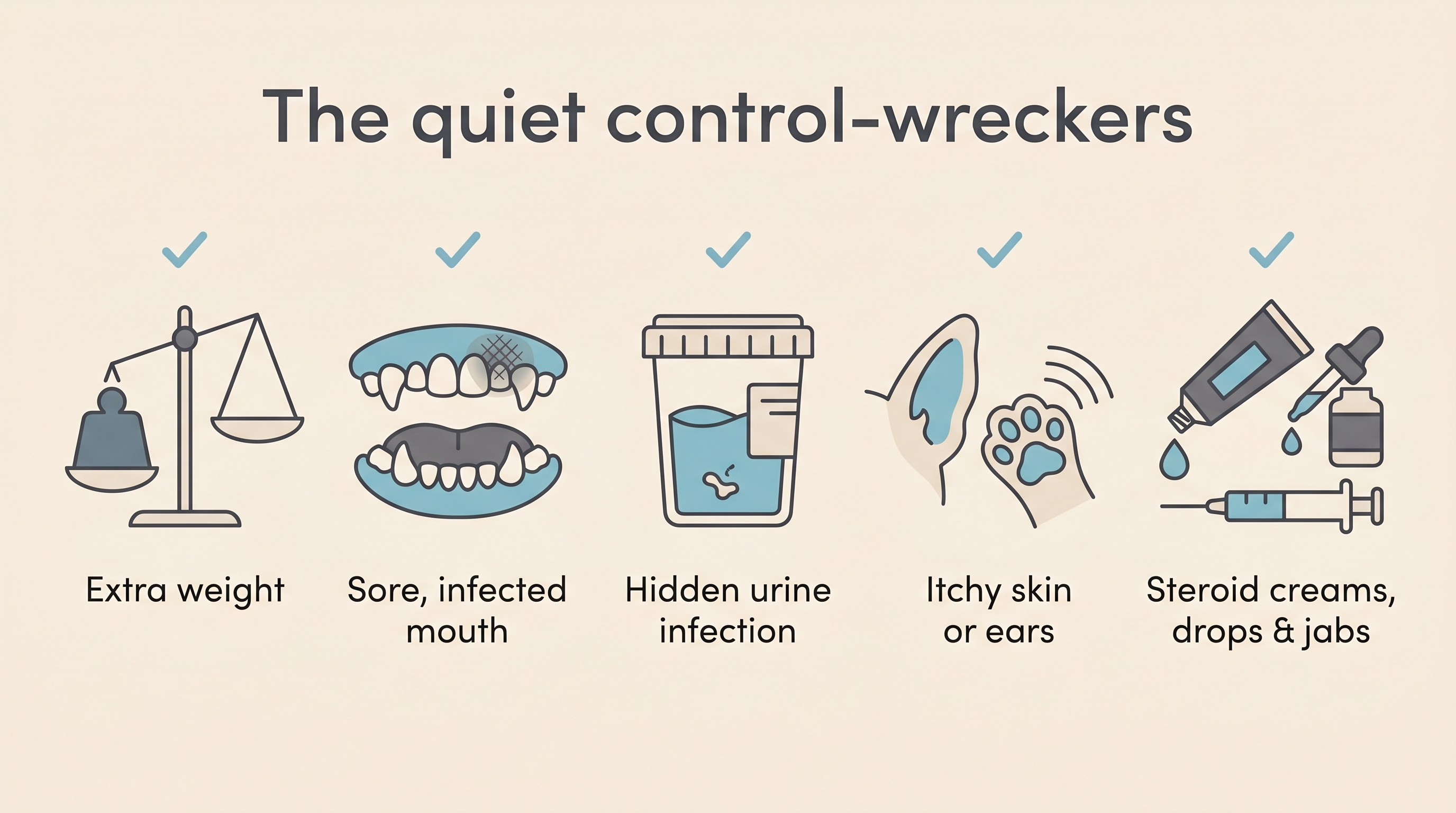 Flat-icon checklist panel on a cream background titled "The quiet control-wreckers", showing five labelled icons: "Extra weight", "Sore, infected mouth", "Hidden urine infection", "Itchy skin or ears" and "Steroid creams, drops and jabs"